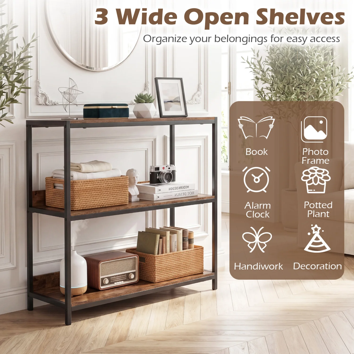 2-Pack 3-Tier Industrial Bookshelf, Metal Frame - Image 6
