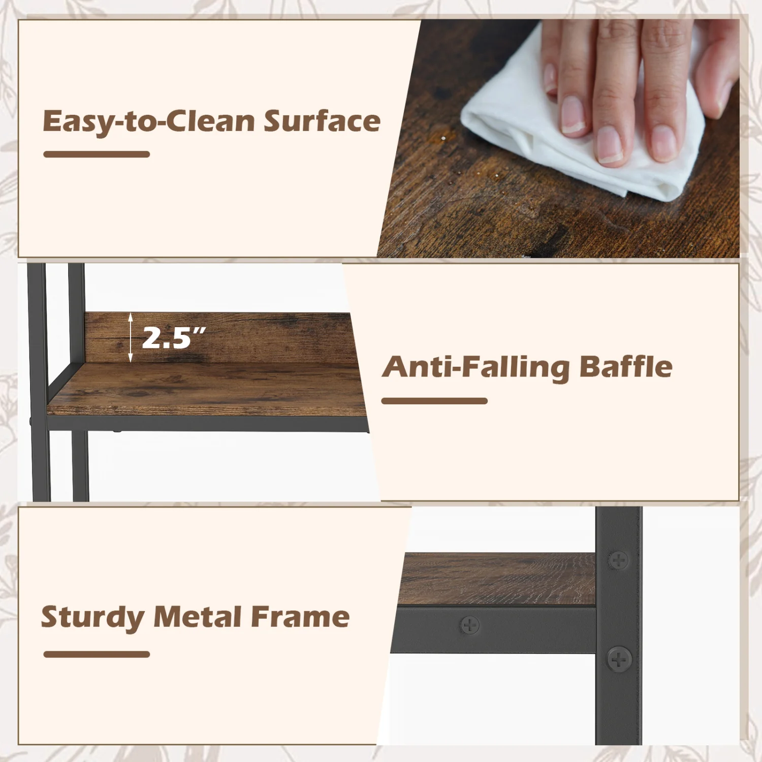 2-Pack 3-Tier Industrial Bookshelf, Metal Frame - Image 9