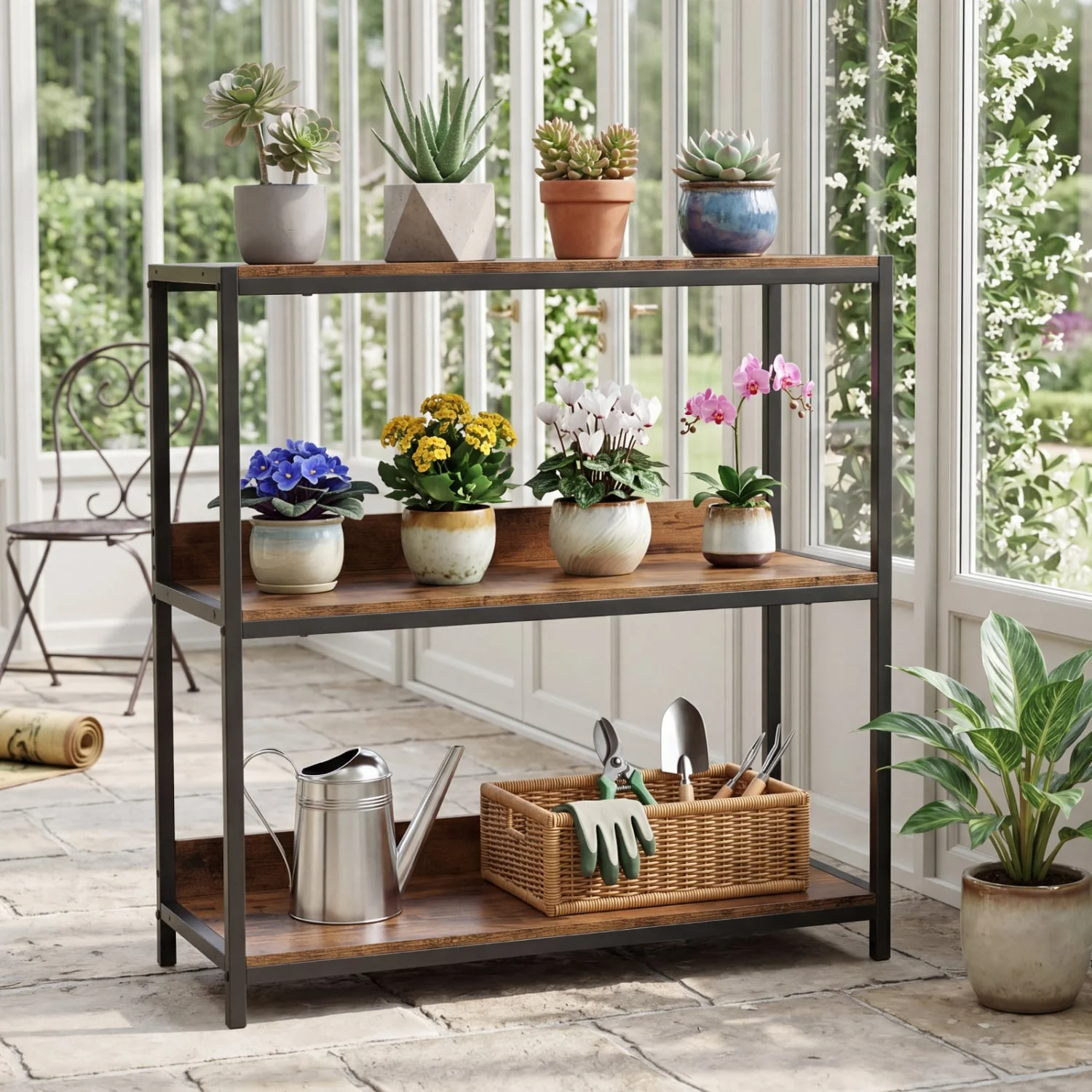 2-Pack 3-Tier Industrial Bookshelf, Rustic Brown - Image 3