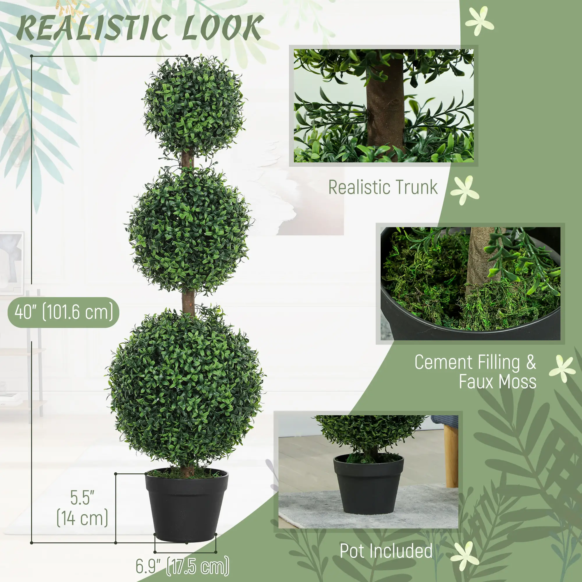 2 Pack 40" Artificial Boxwood Topiary Ball Trees, Indoor Outdoor, Green - Image 4