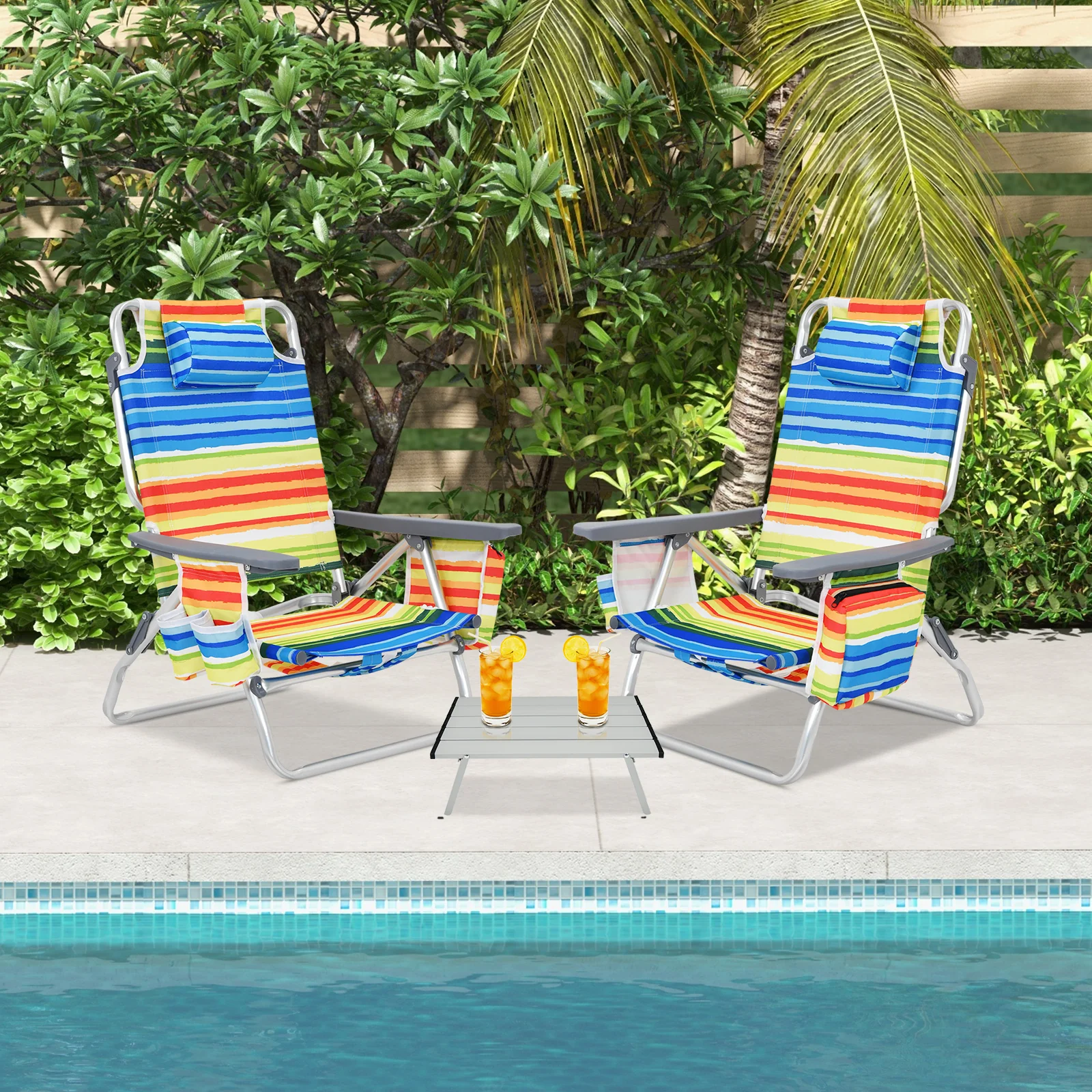 2 Pack 5-Position Folding Beach Chair Set, Yellow - Image 2
