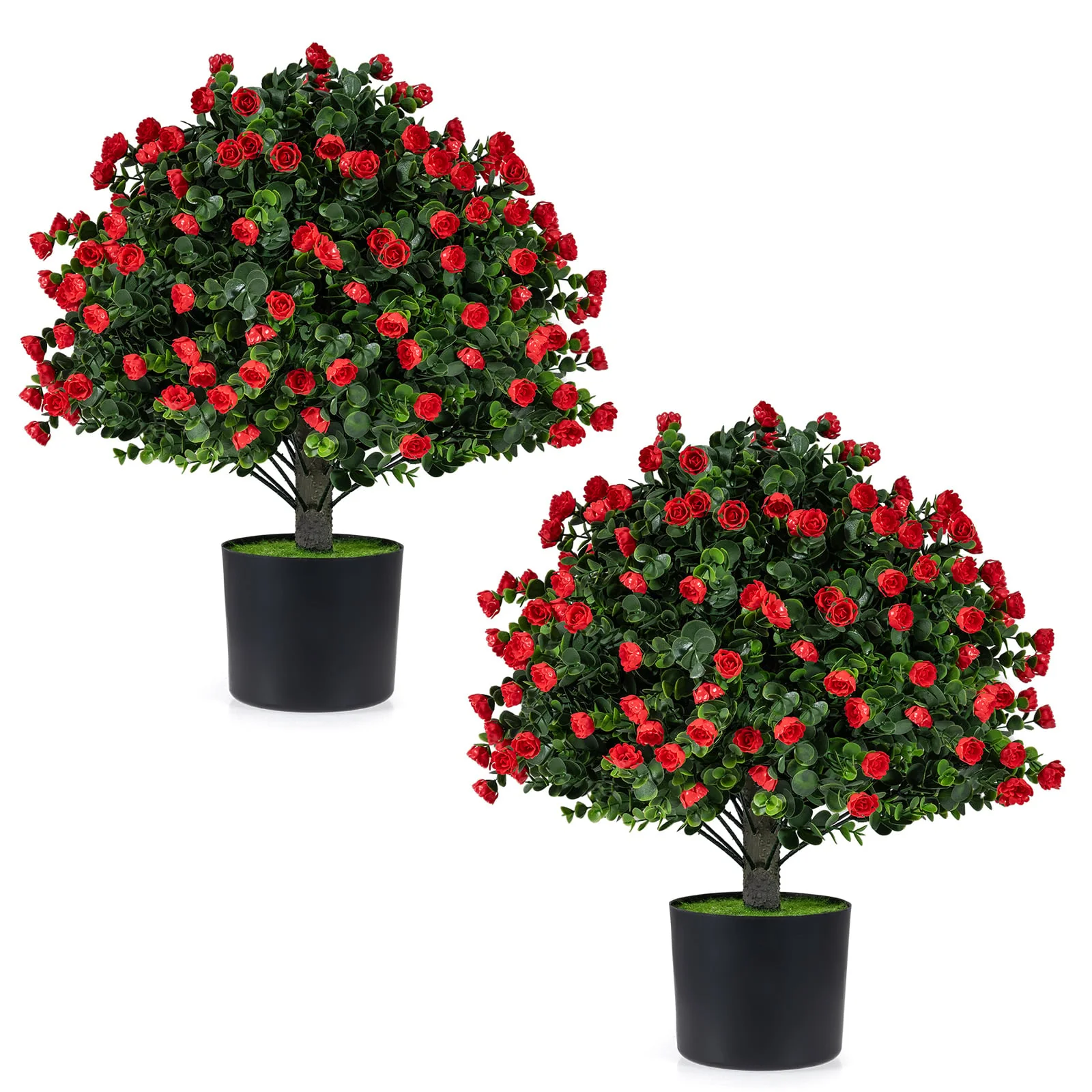 2 Pack Artificial Rose Topiary Ball Trees, PP Cement-Filled Flowerpot, Multicolor