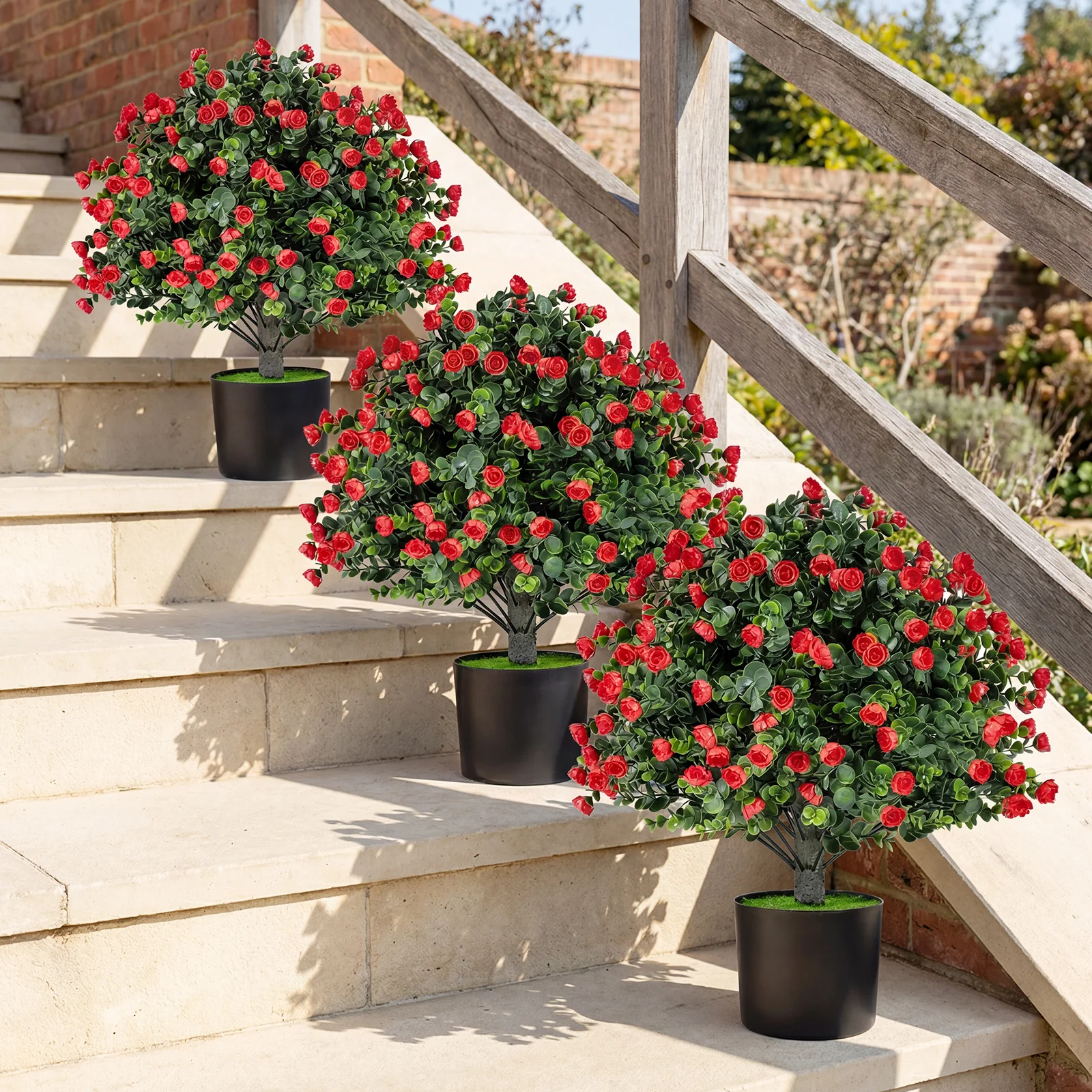 2 Pack Artificial Rose Topiary Ball Trees, PP Cement-Filled Flowerpot, Multicolor - Image 3