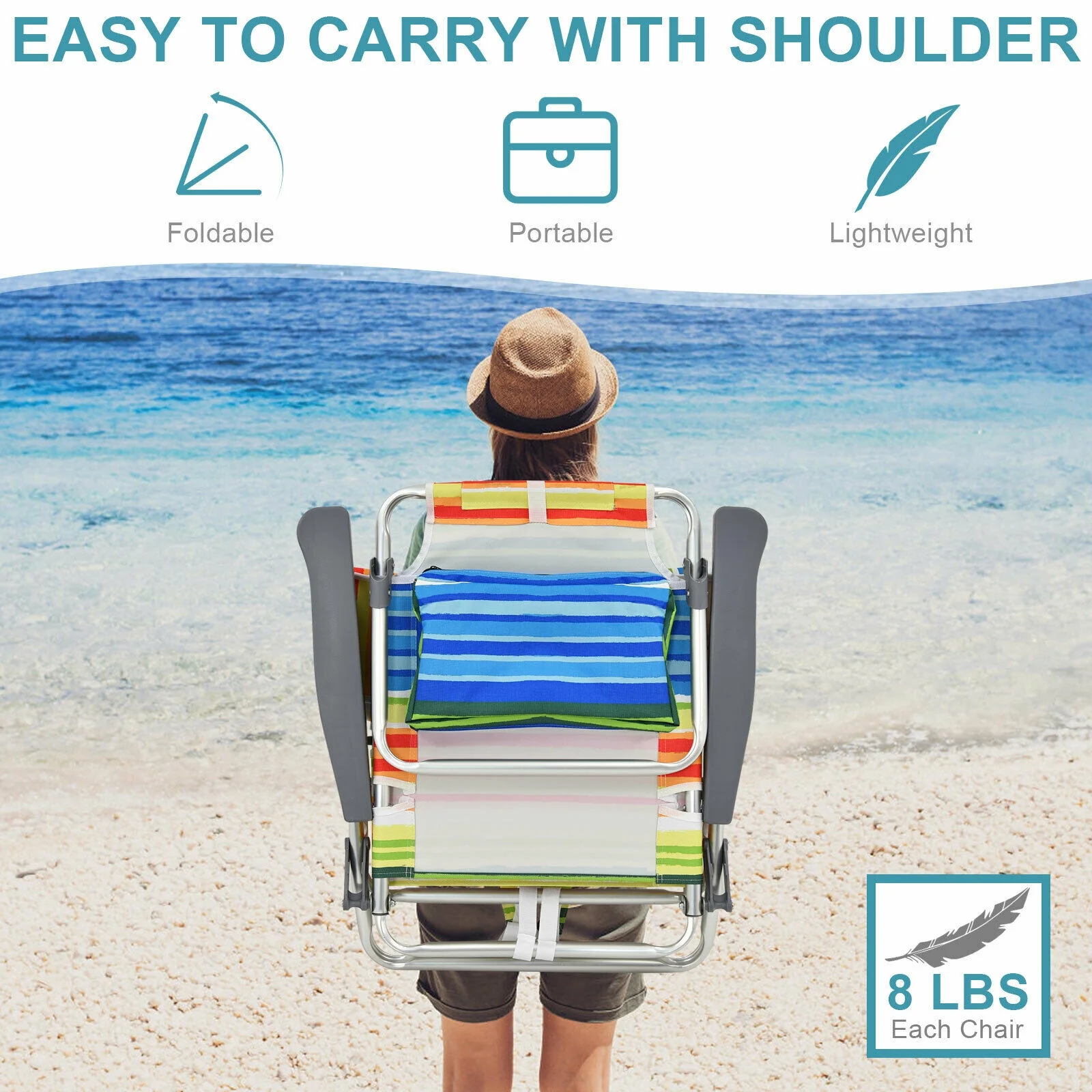 2-Pack Folding Backpack Beach Chair, 5-Position Reclining, Yellow - Image 3