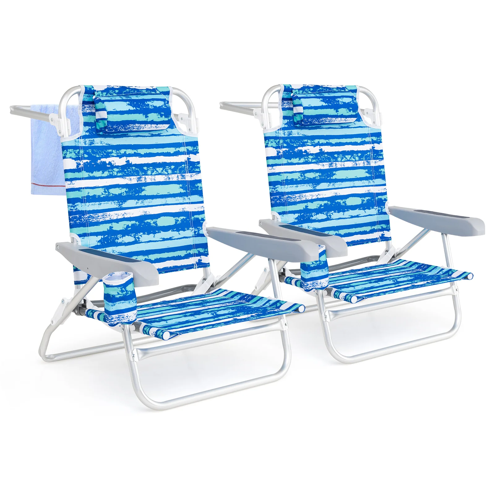 2 Pack Folding Beach Chair with Adjustable Positions and Head Pillow, Blue