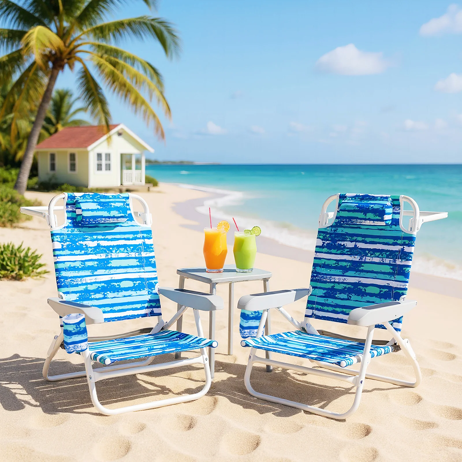 2 Pack Folding Beach Chair with Adjustable Positions and Head Pillow, Blue - Image 2