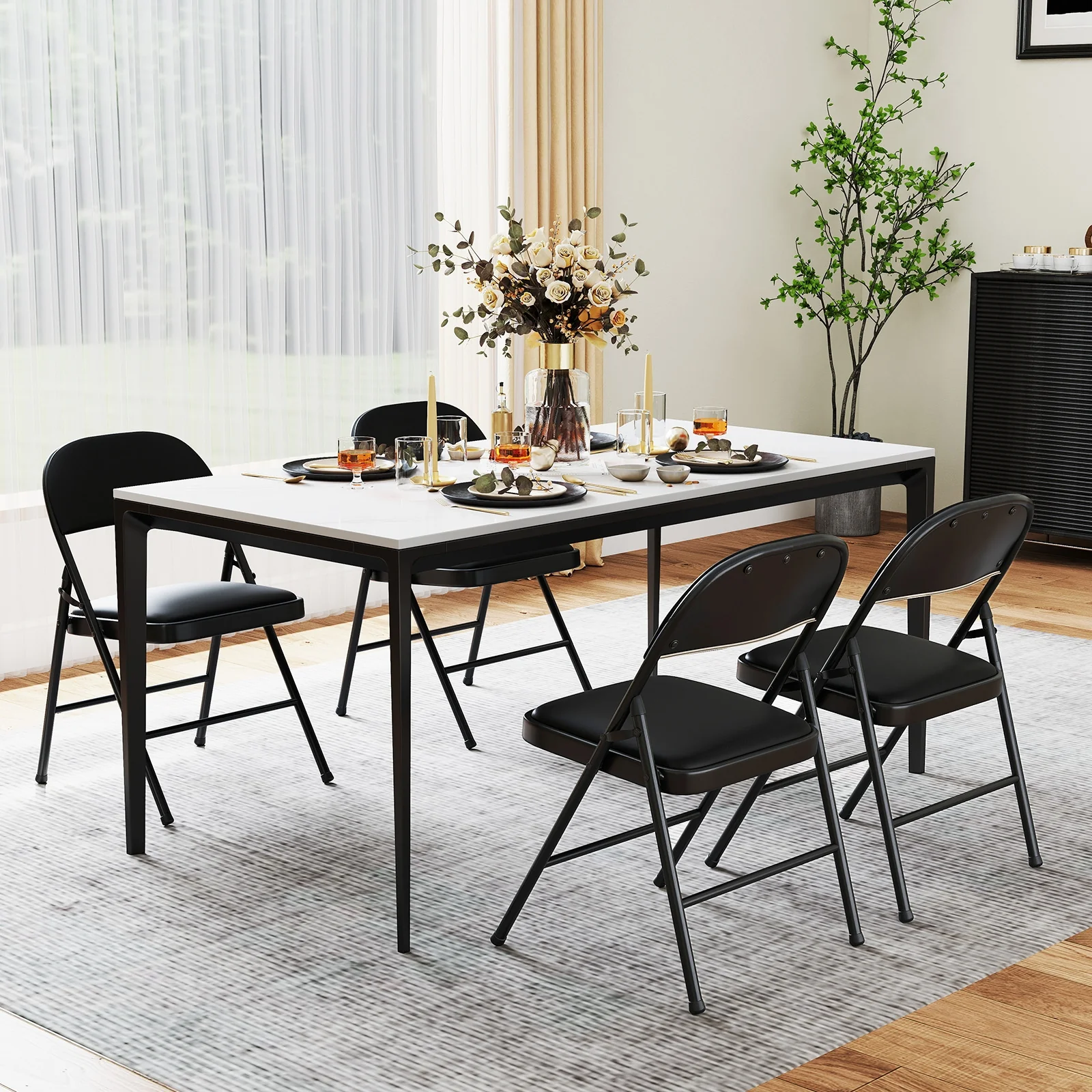 2 Pack Folding Chairs, Metal Frame PVC Leather, Indoor Outdoor, Black - Image 2