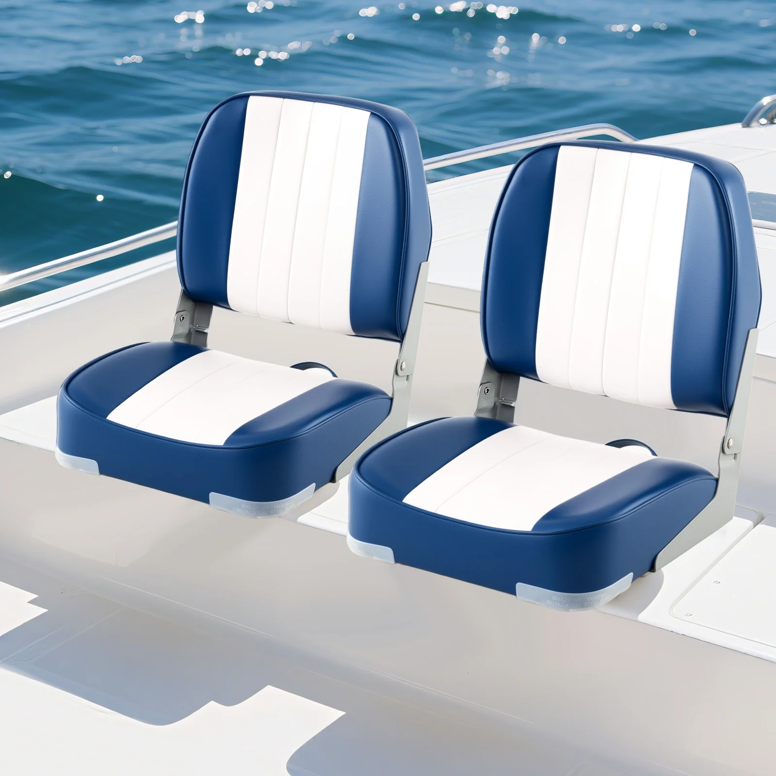 2-Pack Folding Low Back Boat Seats, Waterproof PVC Leather, Blue - Image 2