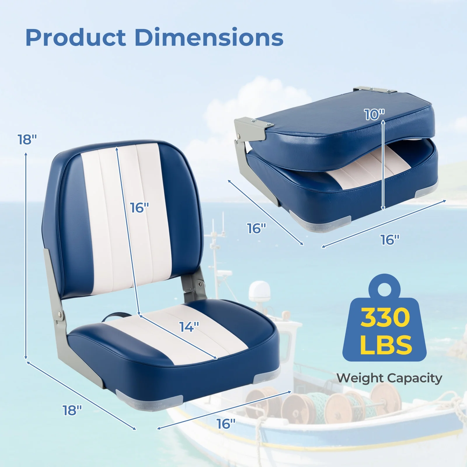 2-Pack Folding Low Back Boat Seats, Waterproof PVC Leather, Blue - Image 5
