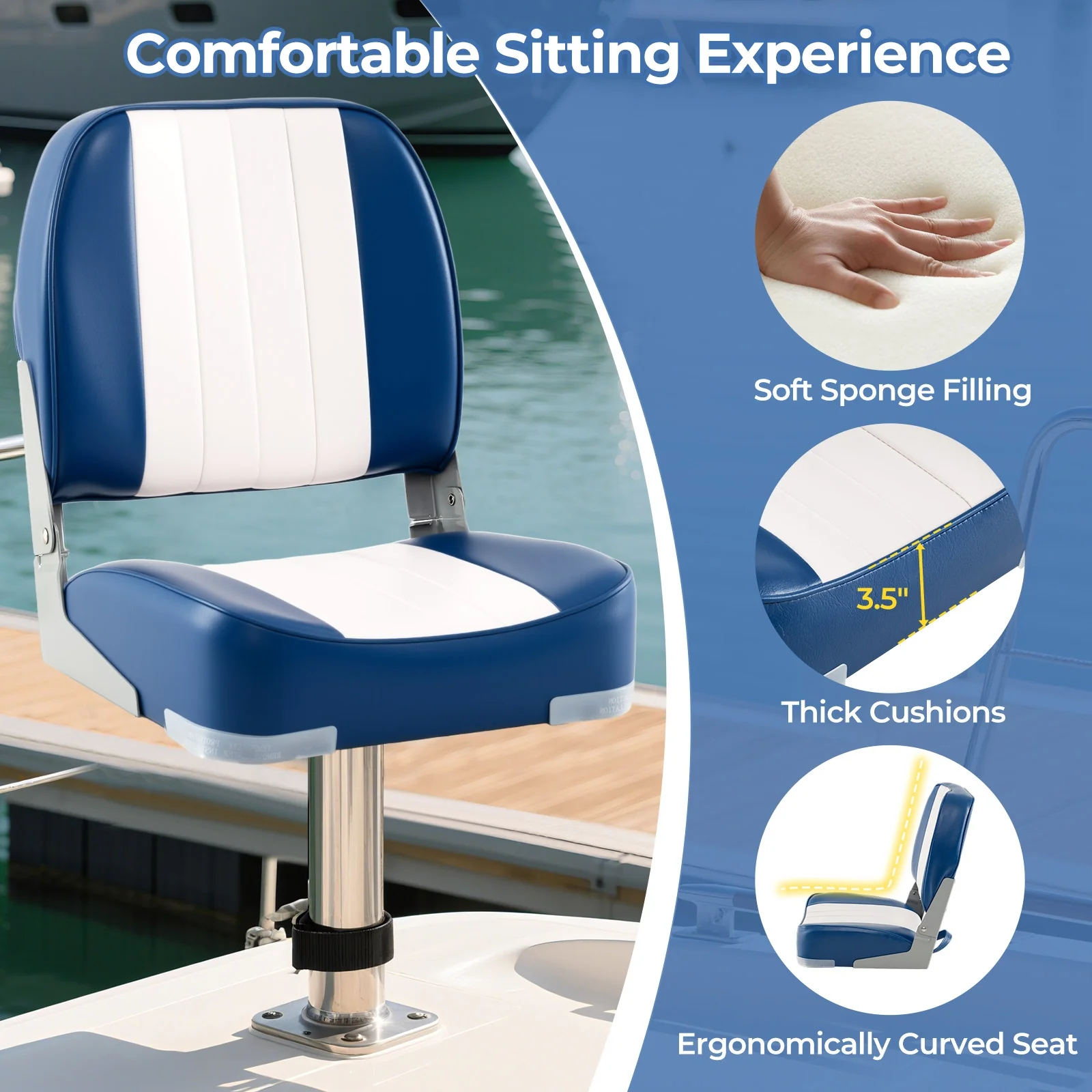 2-Pack Folding Low Back Boat Seats, Waterproof PVC Leather, Blue - Image 7