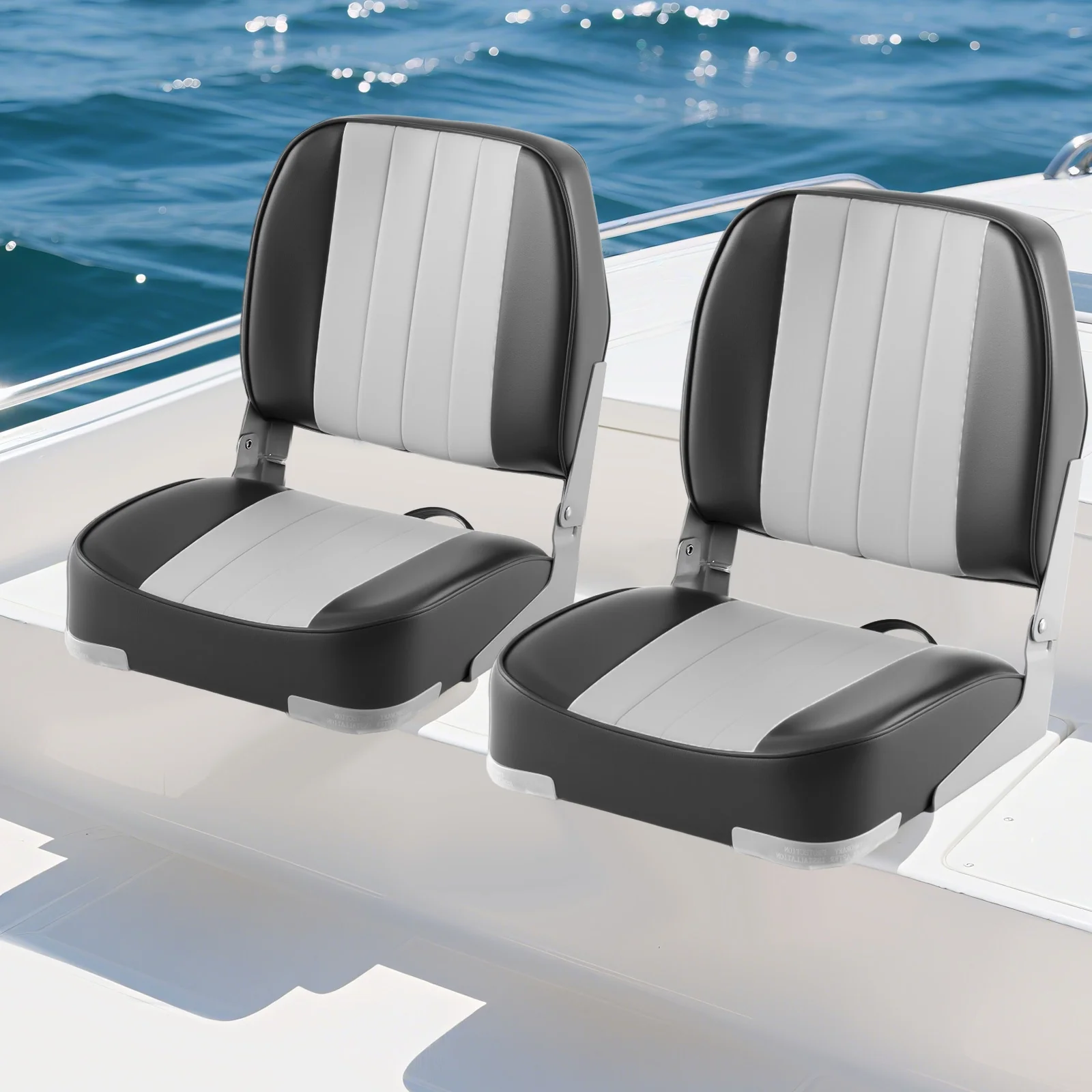 2-Pack Folding Low Back Boat Seats, Waterproof PVC Leather, Gray - Image 2