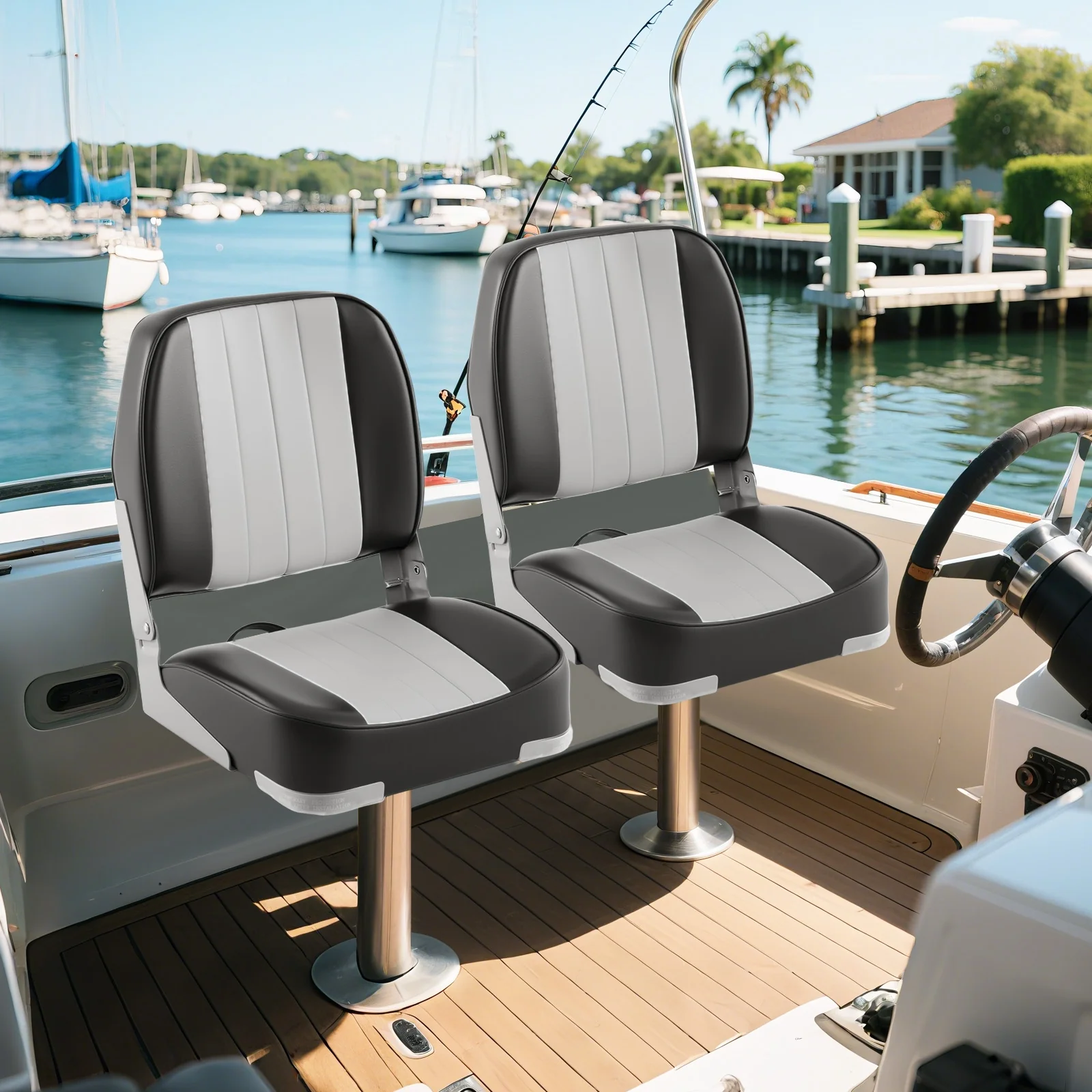 2-Pack Folding Low Back Boat Seats, Waterproof PVC Leather, Gray - Image 3