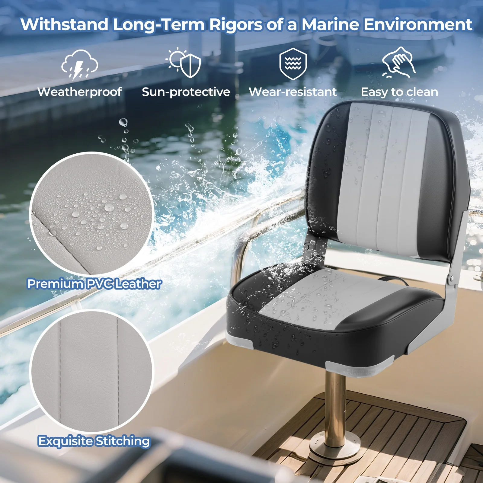 2-Pack Folding Low Back Boat Seats, Waterproof PVC Leather, Gray - Image 6
