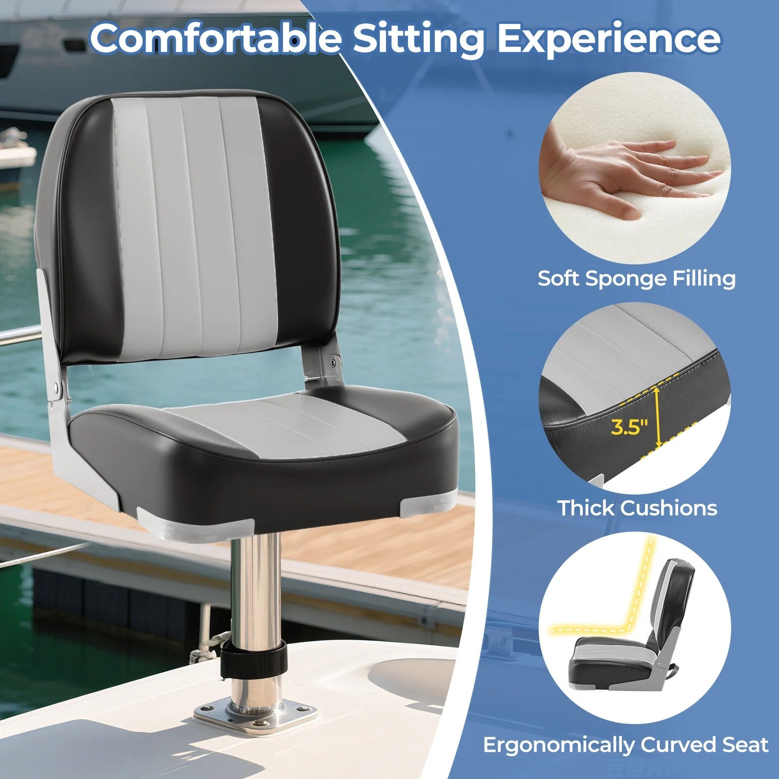 2-Pack Folding Low Back Boat Seats, Waterproof PVC Leather, Gray - Image 7