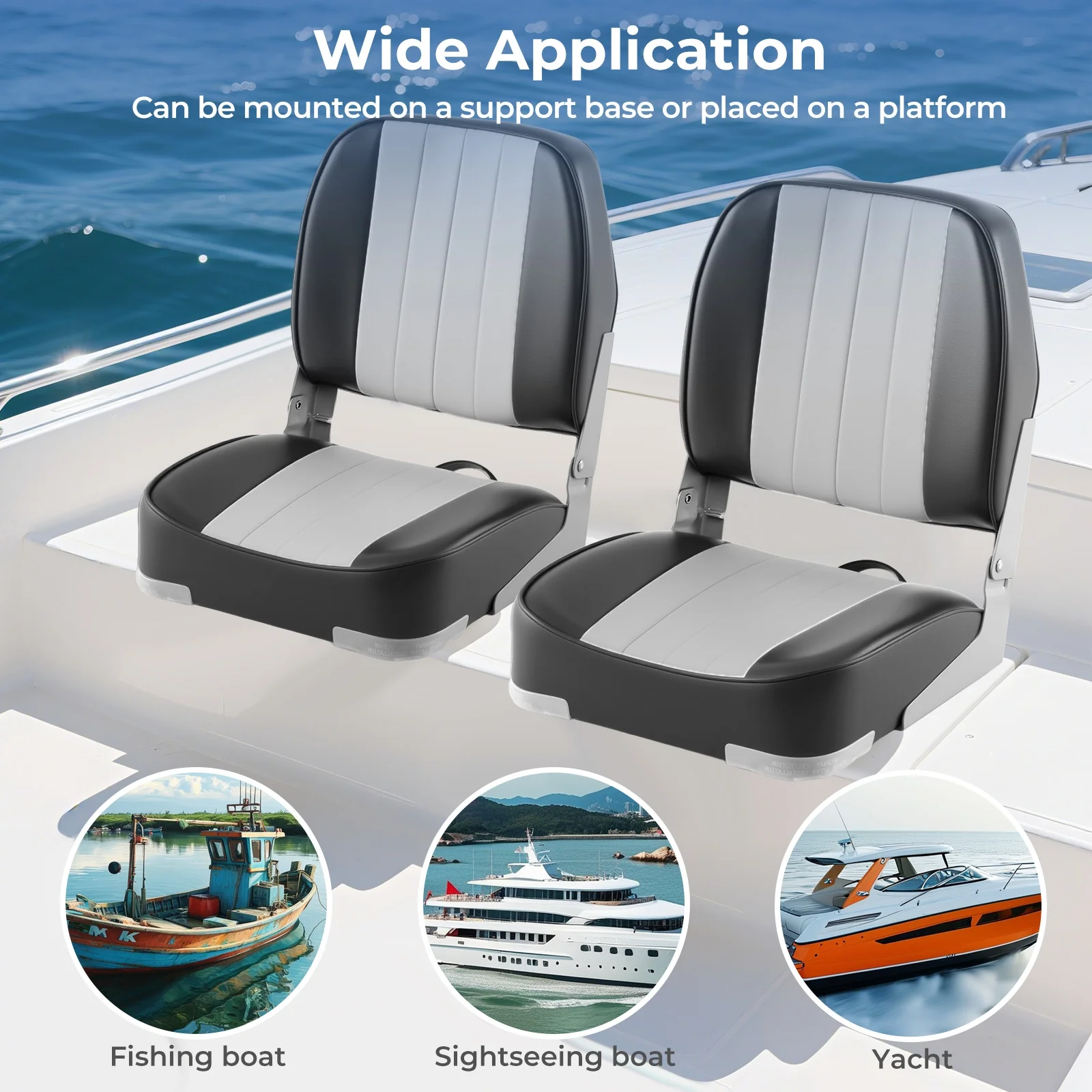 2-Pack Folding Low Back Boat Seats, Waterproof PVC Leather, Gray - Image 9