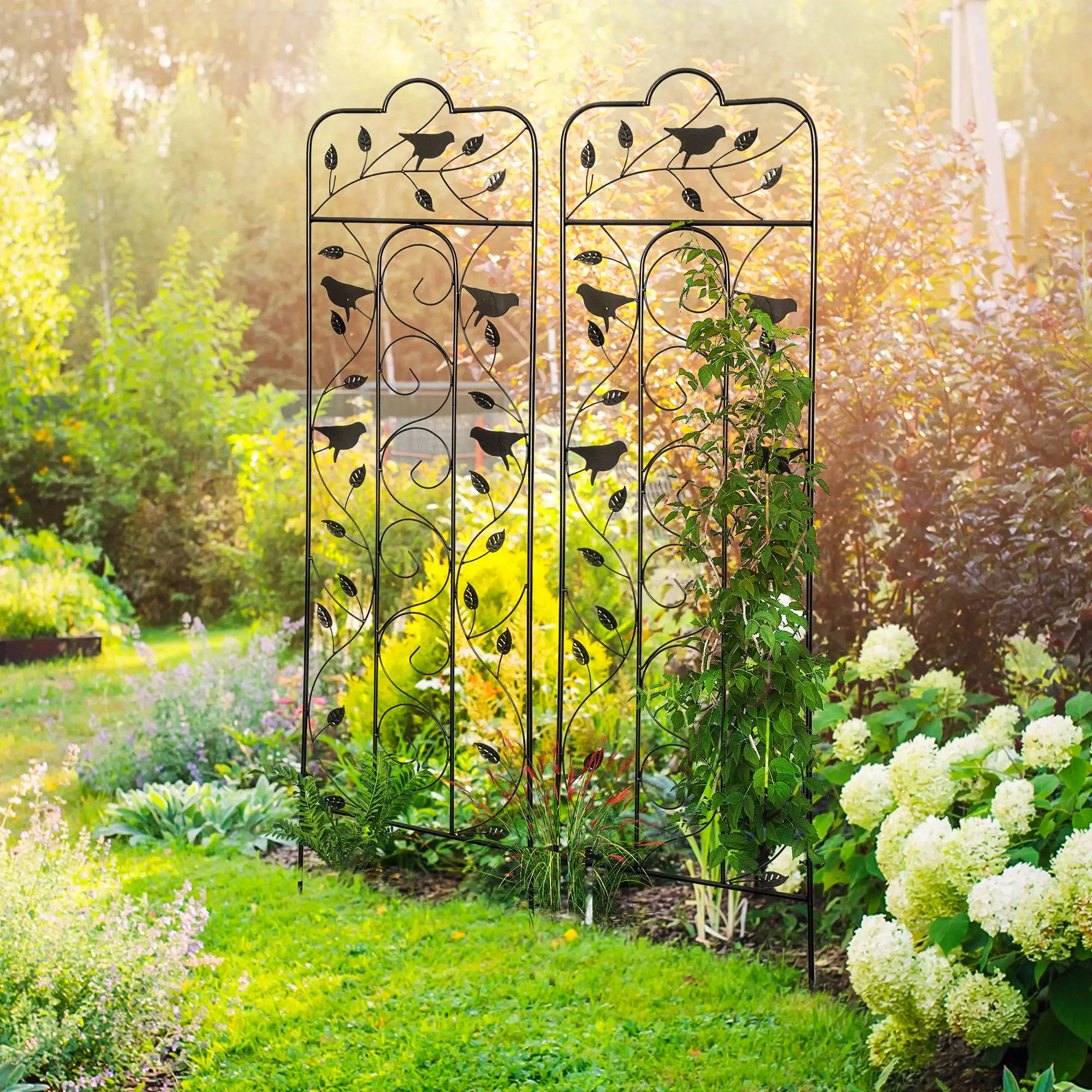 2 Pack Garden Trellis, Metal Grid Panels with Birds, Leaves, 59" Tall - Image 7