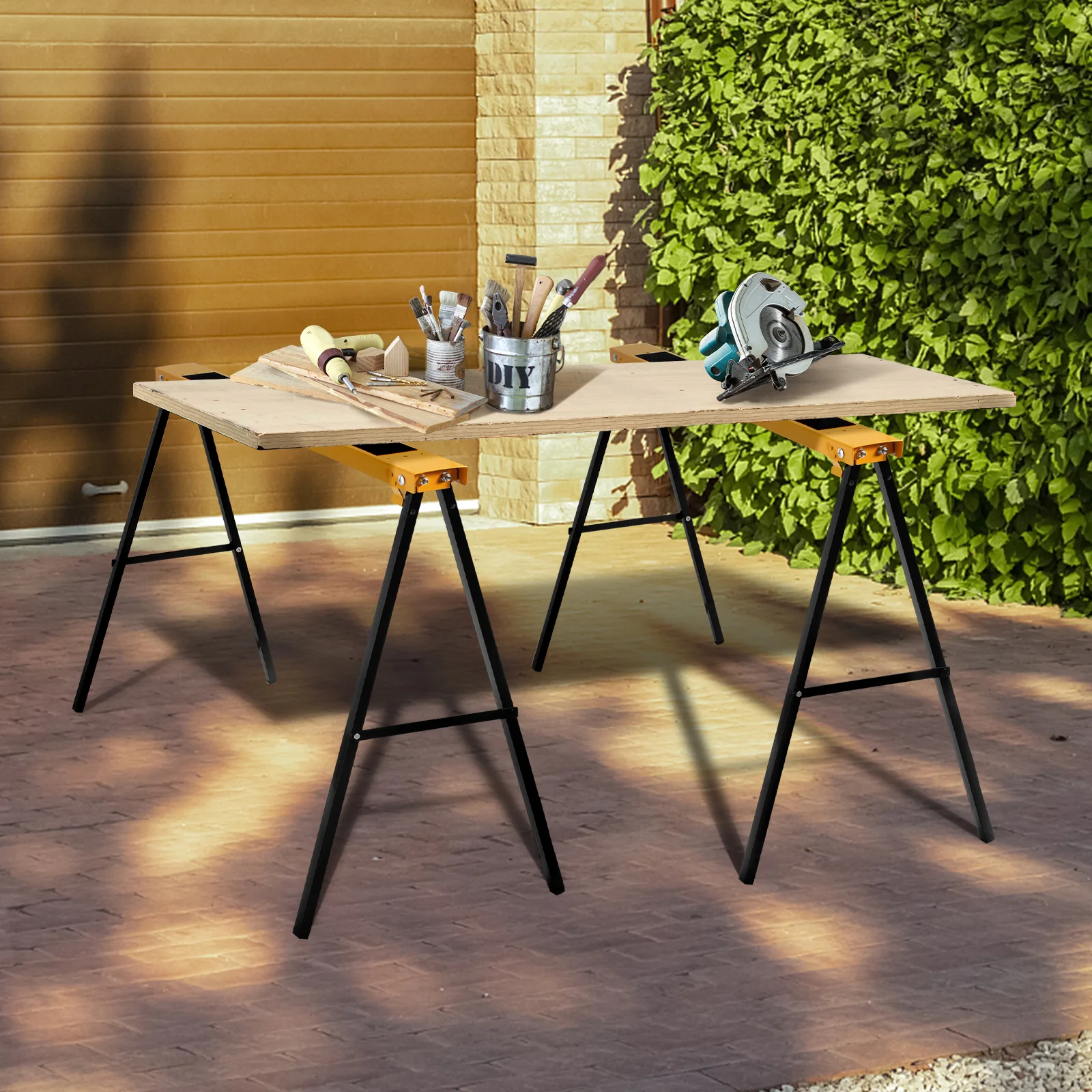 2 Pack Heavy Duty Sawhorse, Steel Folding Legs, Yellow - Image 2