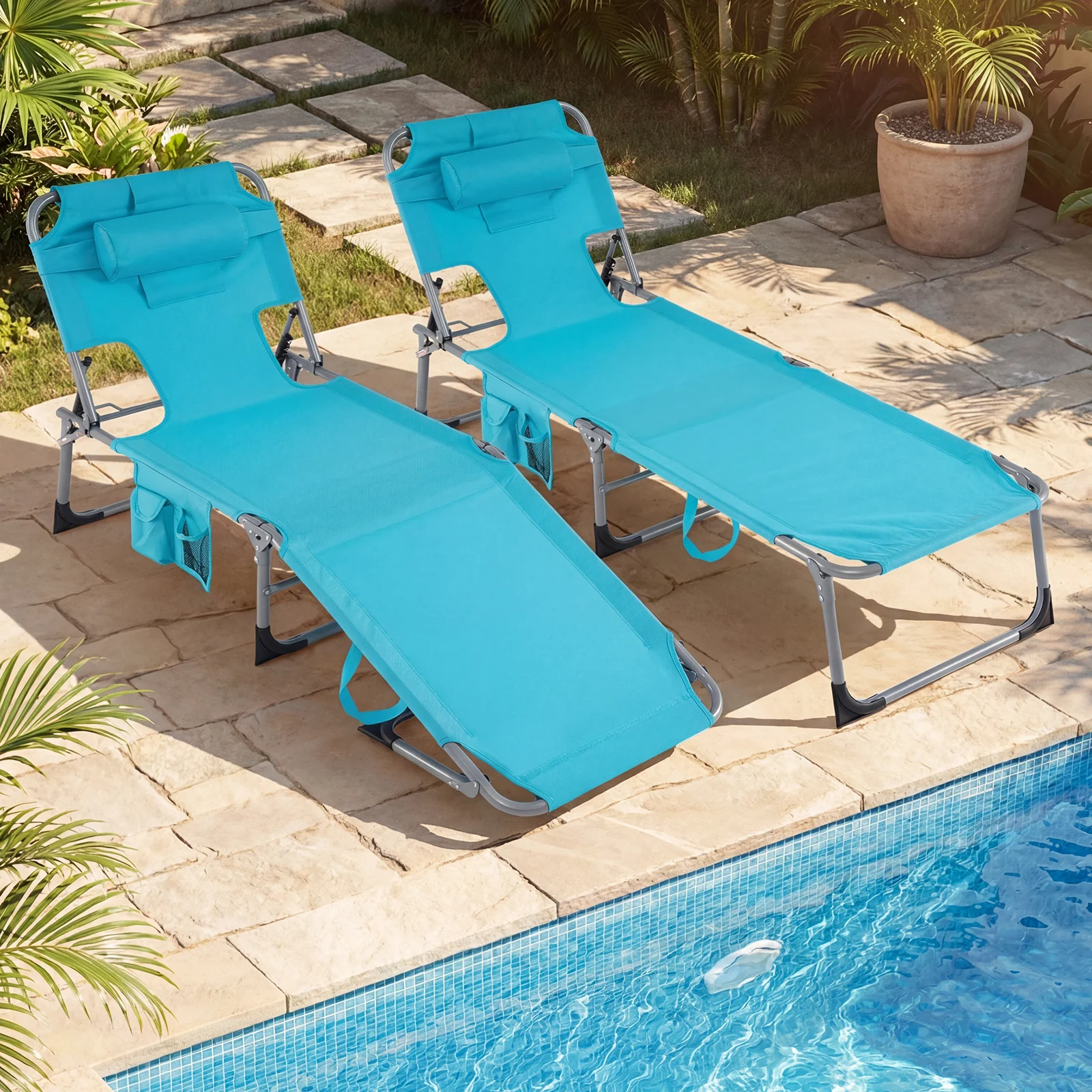 2-Pack Portable Tanning Chair, Adjustable Backrest, Turquoise - Image 2