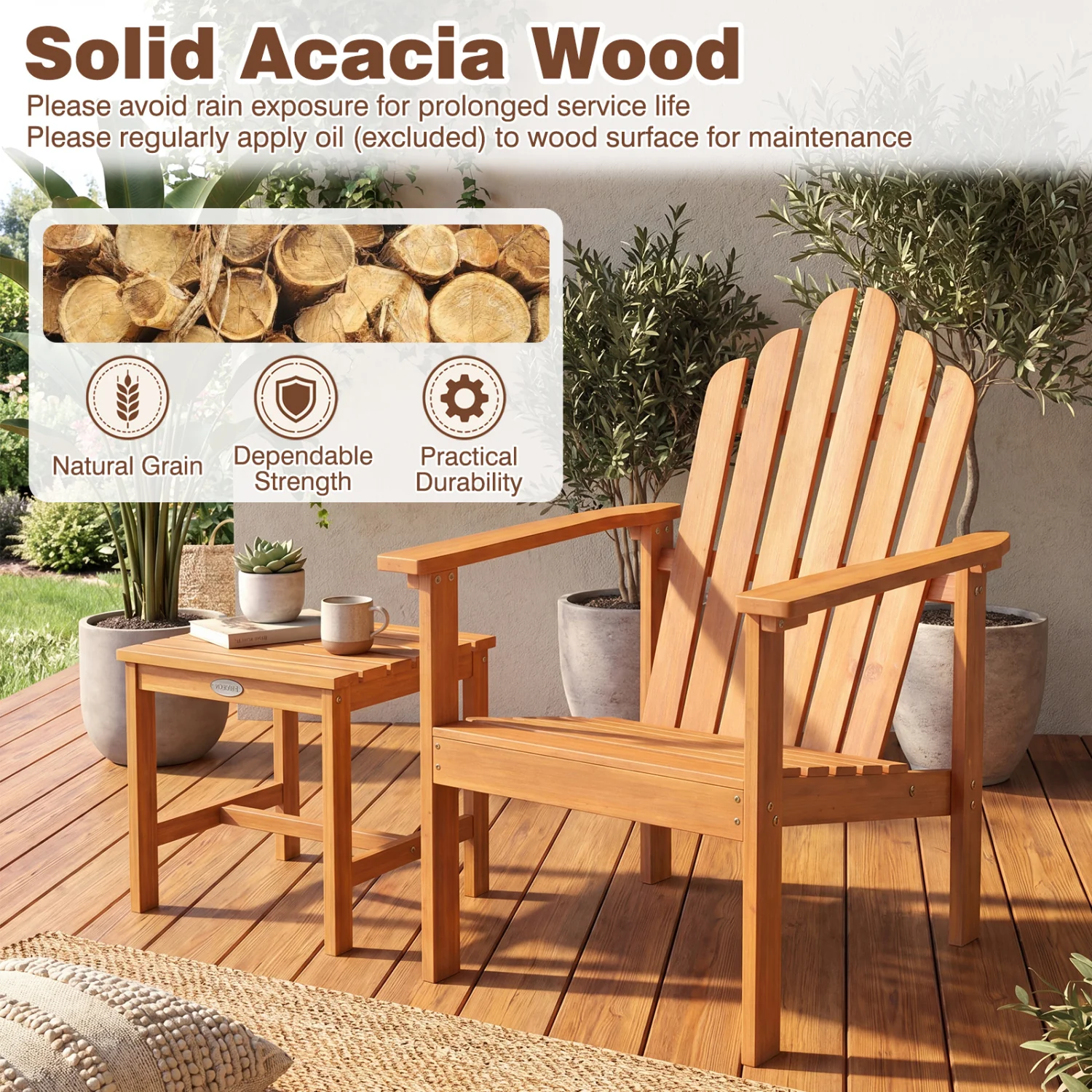 2-Pack Stackable Adirondack Chairs, Solid Acacia Wood Patio - Image 6