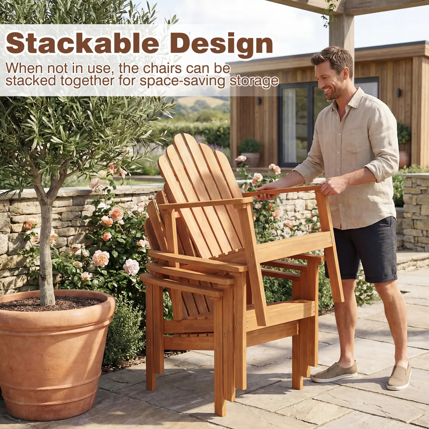 2-Pack Stackable Adirondack Chairs, Solid Acacia Wood Patio - Image 8