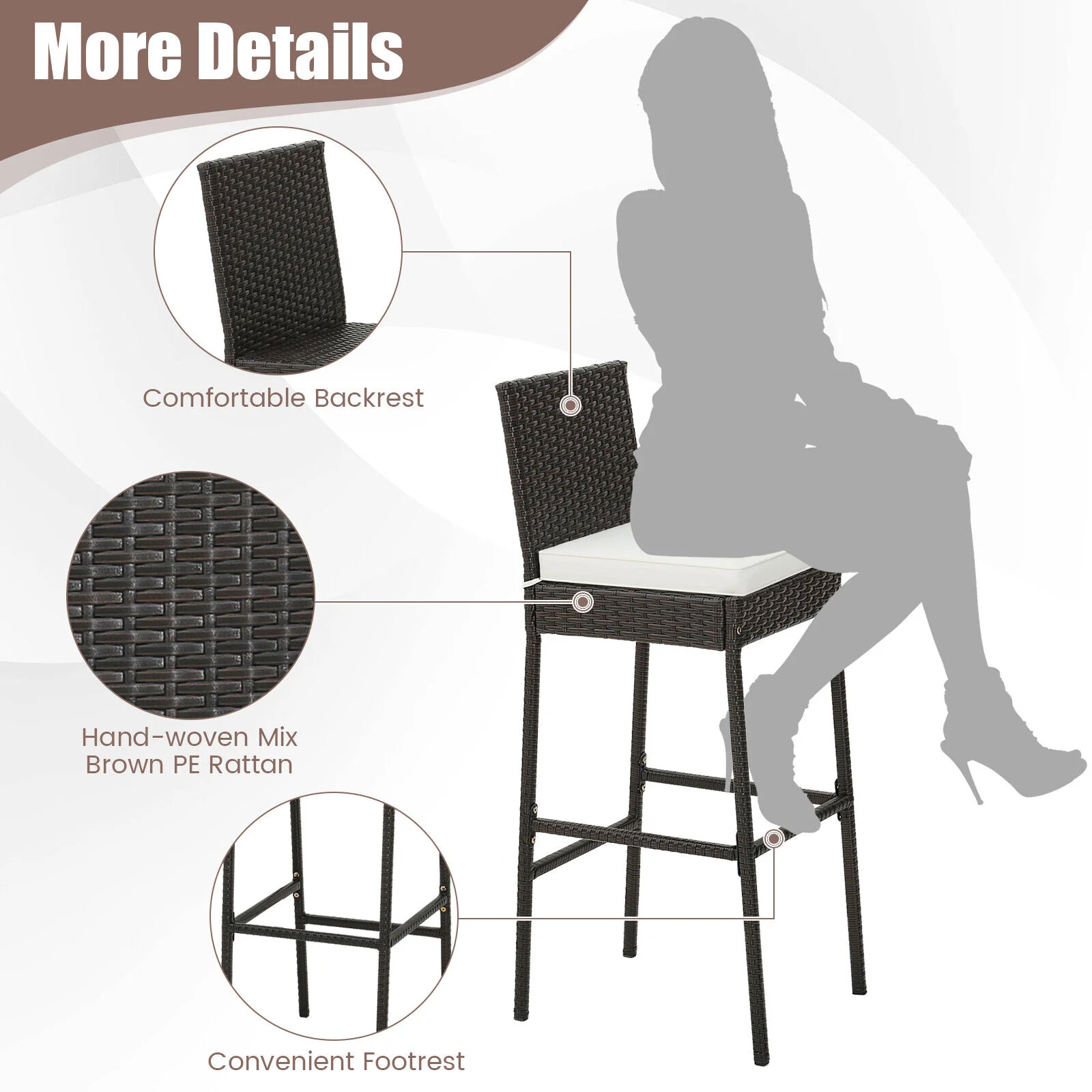 2 Patio Cushioned Wicker Barstools, Set of 2, Off White - Image 10