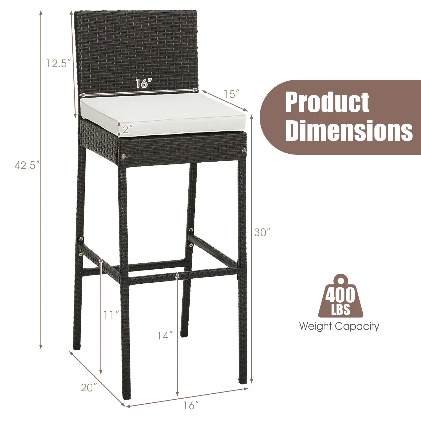 2 Patio Cushioned Wicker Barstools, Set of 2, Off White - Image 5