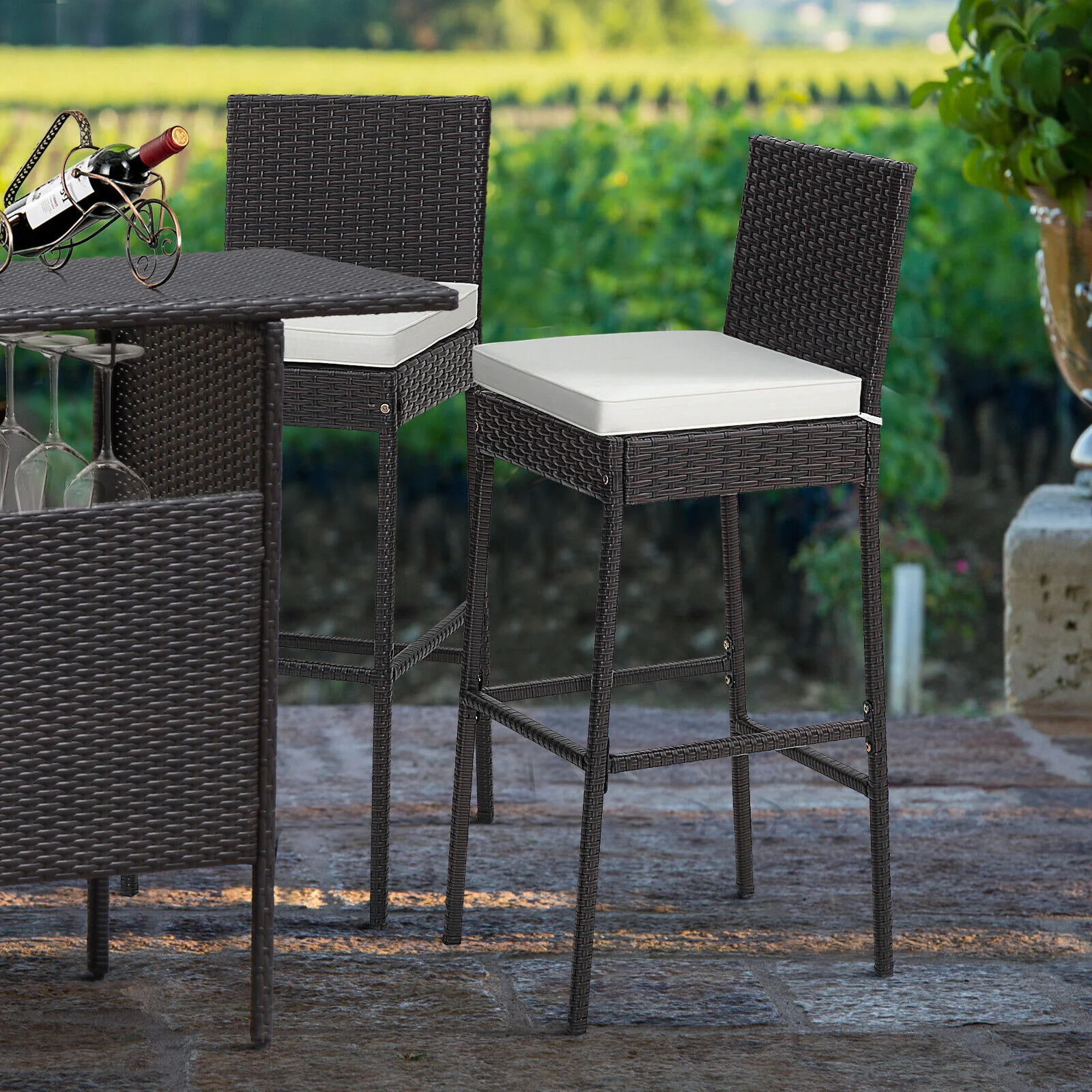2 Patio Cushioned Wicker Barstools, Set of 2, Off White - Image 6
