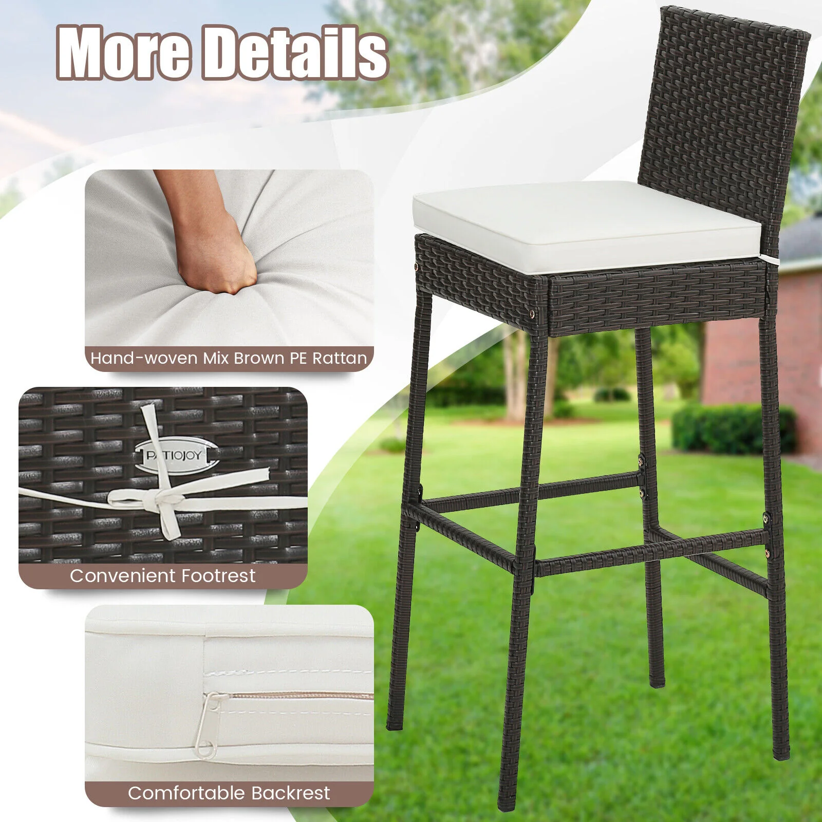 2 Patio Cushioned Wicker Barstools, Set of 2, Off White - Image 9