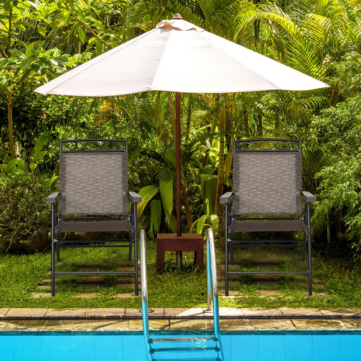 2 Patio Folding Chairs, Portable Dining Chair Set, Brown - Image 3