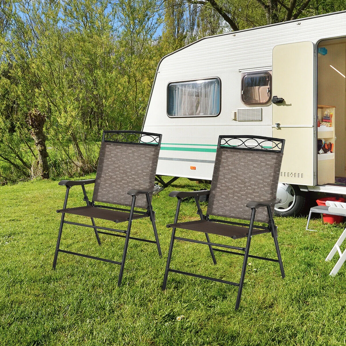 2 Patio Folding Chairs, Portable Dining Chair Set, Brown - Image 4