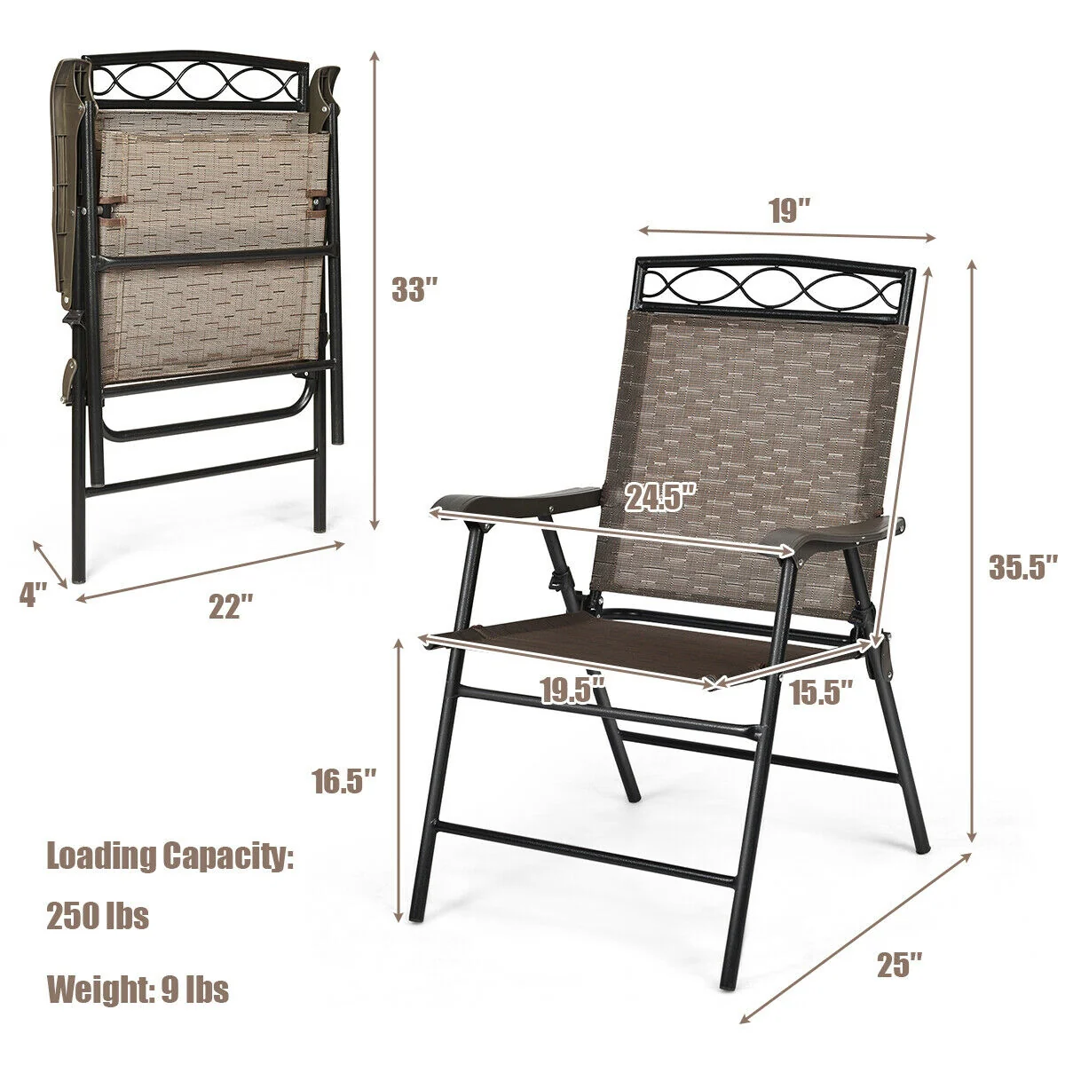 2 Patio Folding Chairs, Portable Dining Chair Set, Brown - Image 9