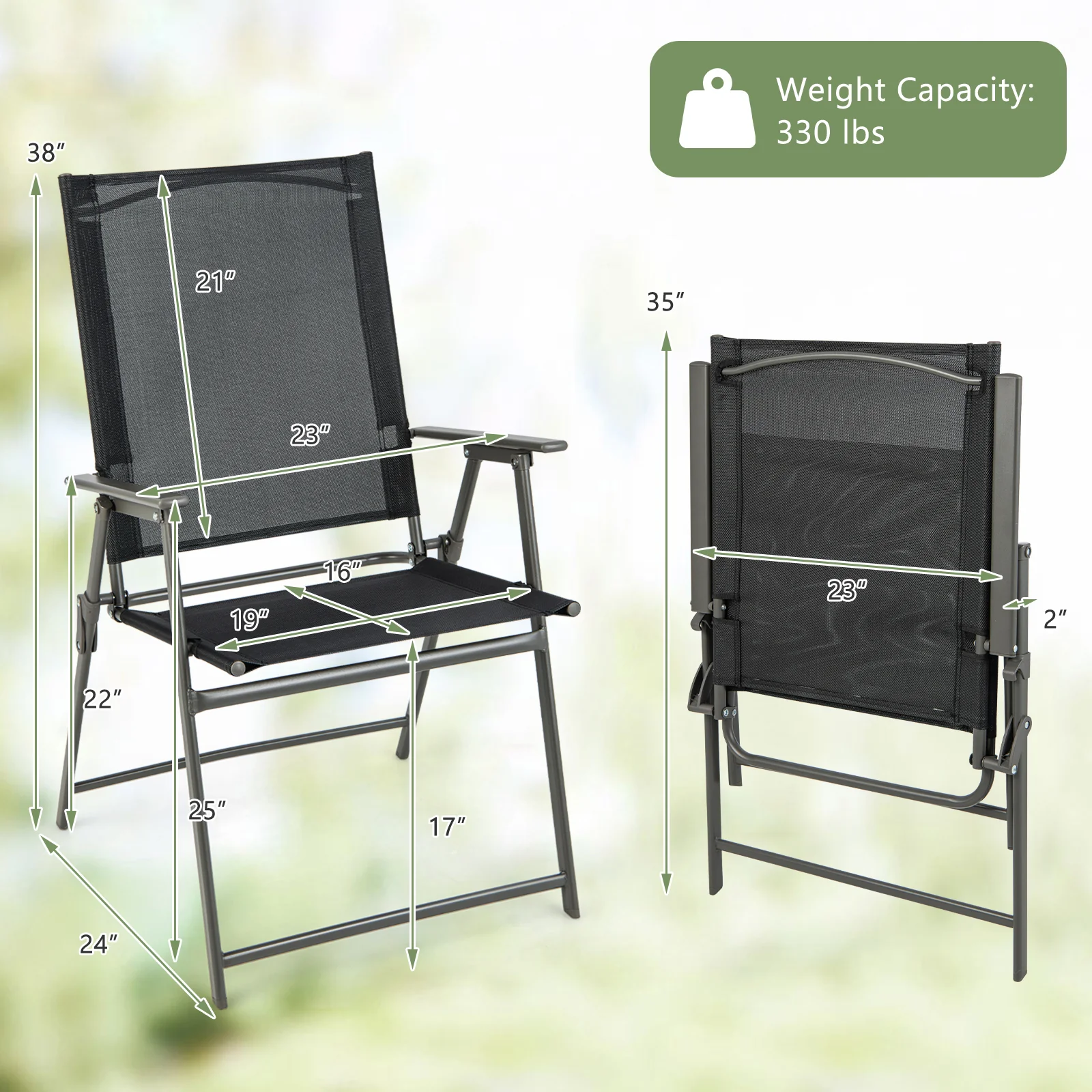2 Patio Folding Chairs With Armrests, Gray, Black - Image 5