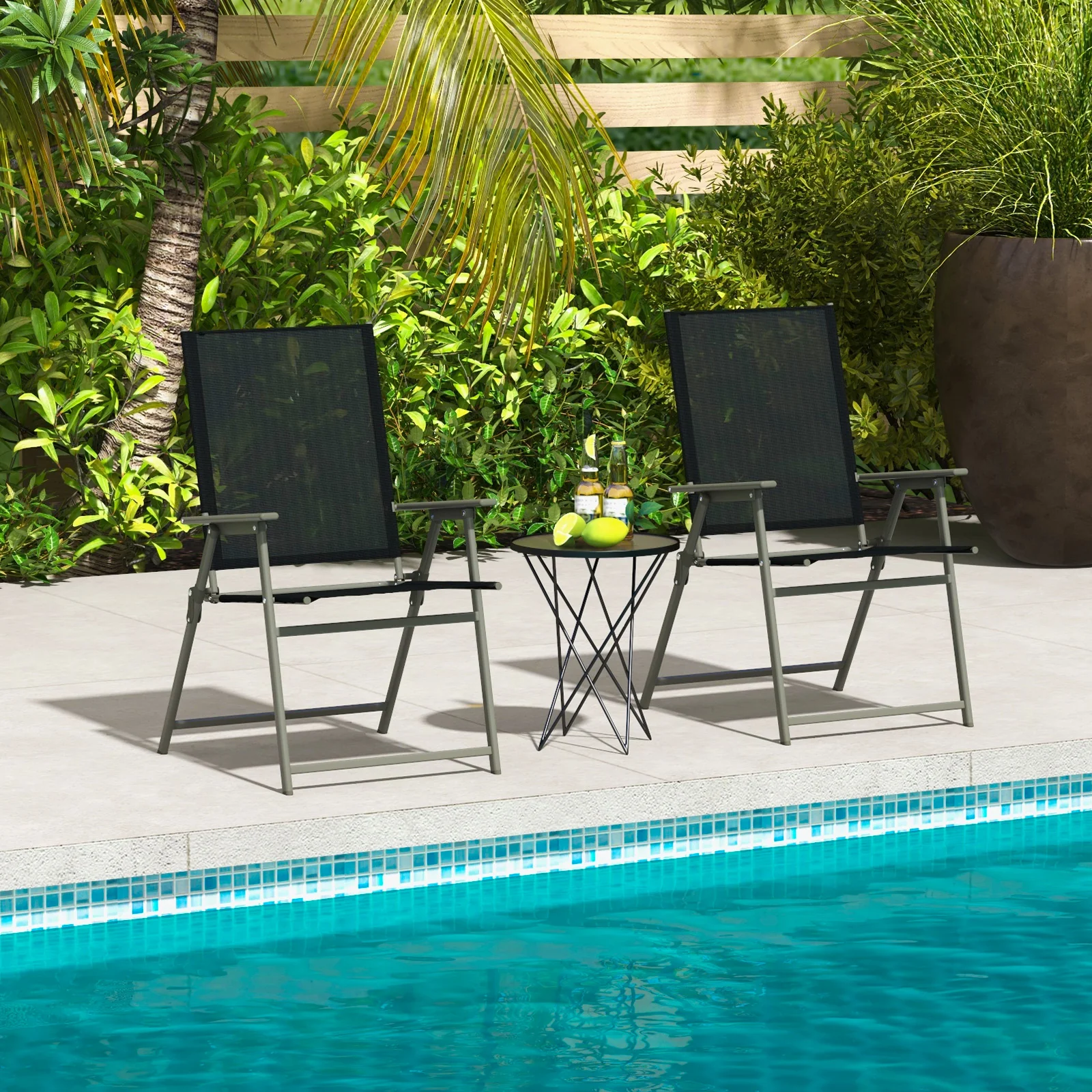 2 Patio Folding Chairs With Armrests, Gray, Black - Image 7