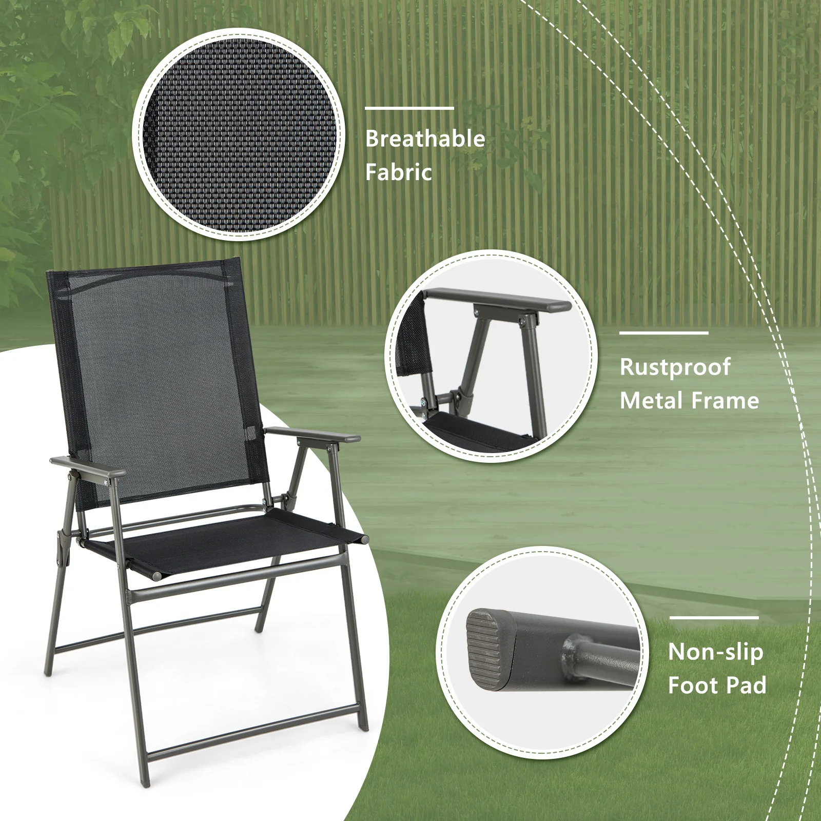 2 Patio Folding Chairs With Armrests, Gray, Black - Image 9