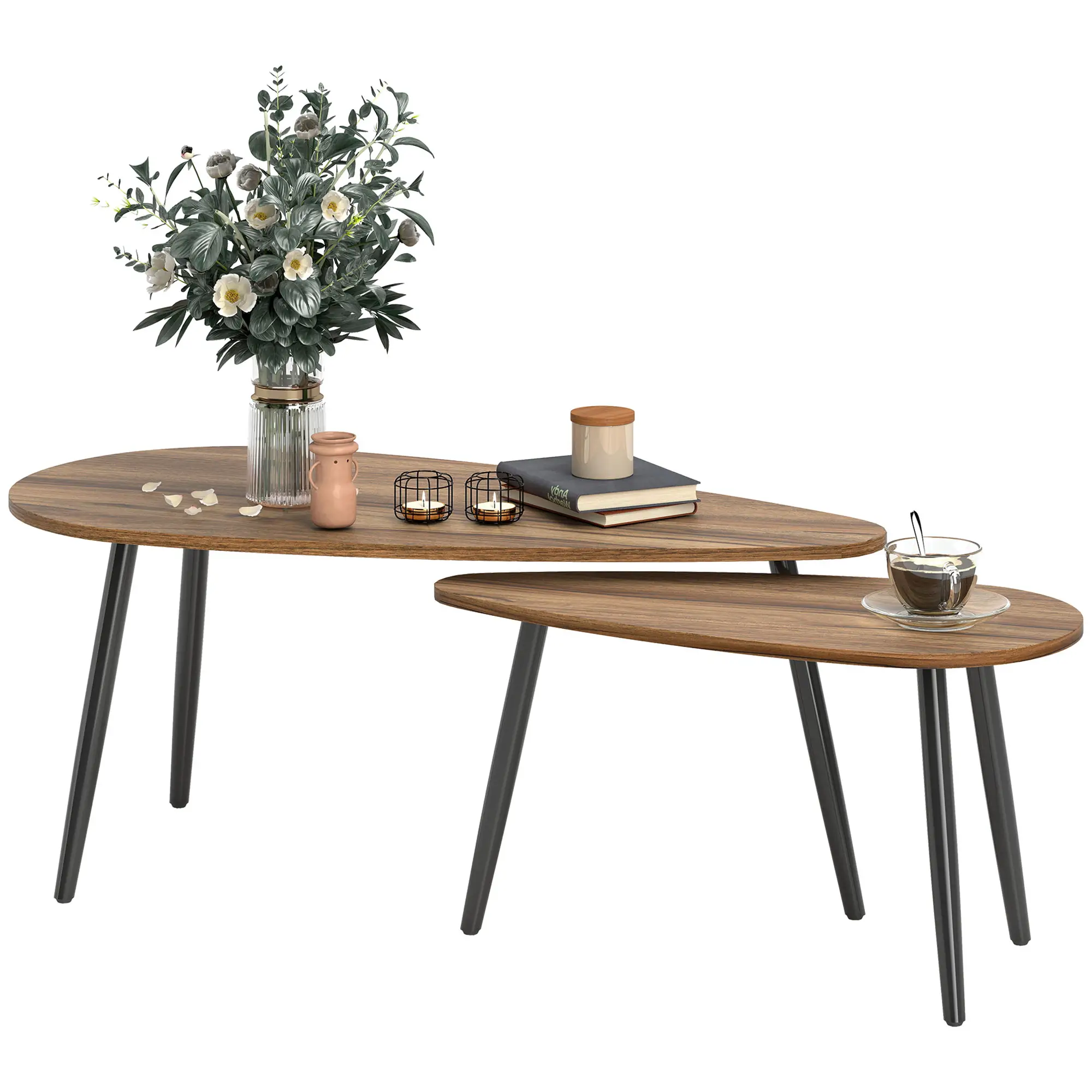 2 Pc Coffee Table Set, Industrial Nest Tables, Steel Legs, Brown