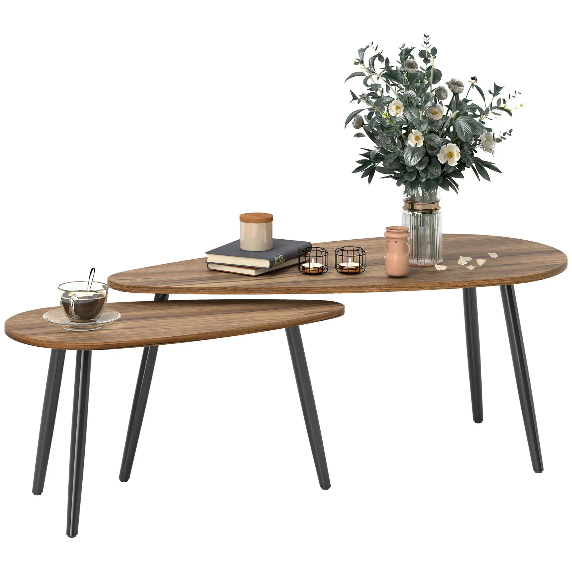 2 Pc Coffee Table Set, Industrial Nest Tables, Steel Legs, Brown - Image 11