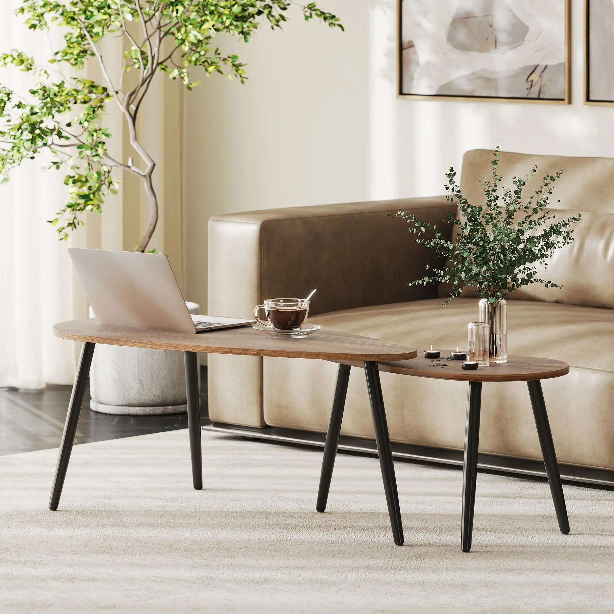 2 Pc Coffee Table Set, Industrial Nest Tables, Steel Legs, Brown - Image 2