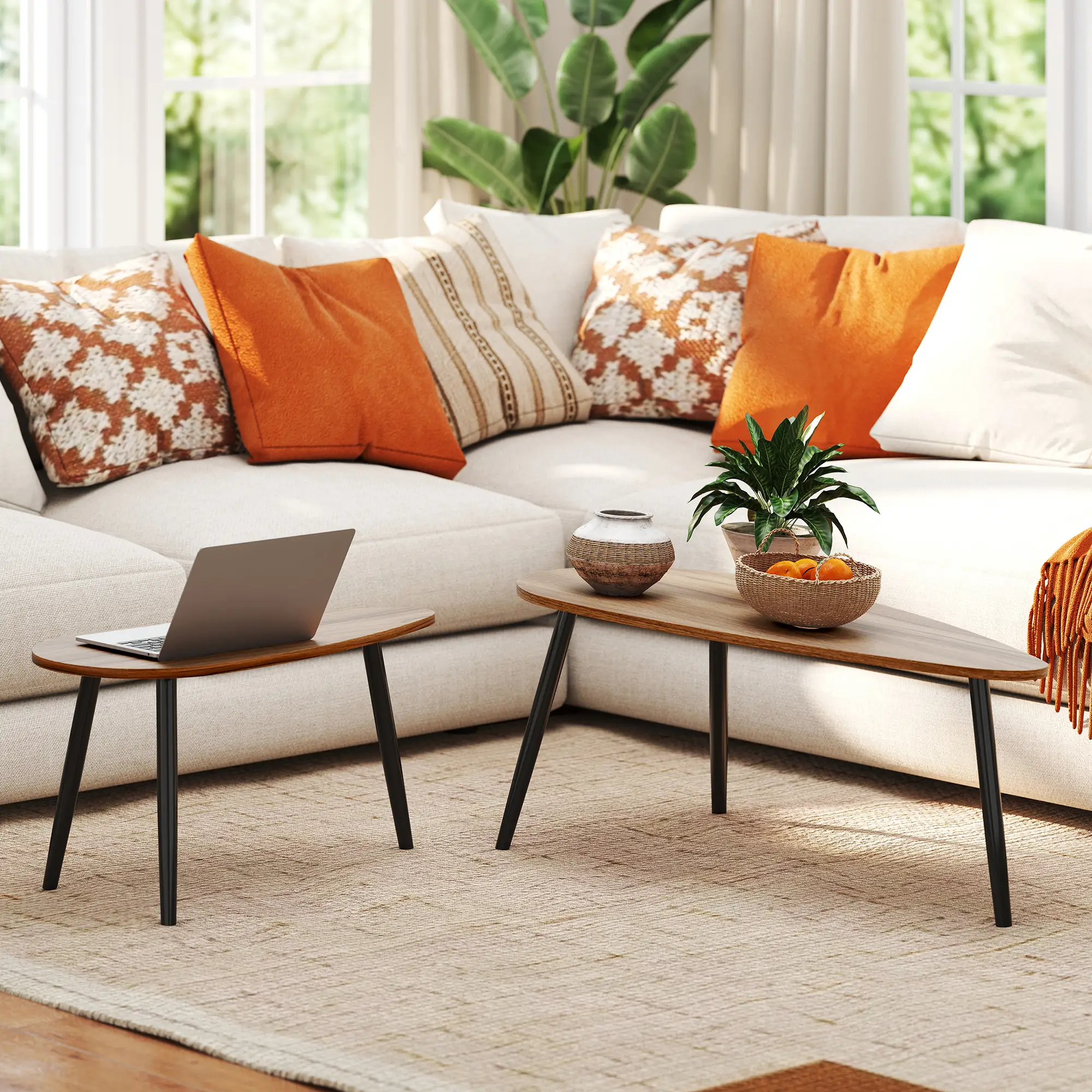 2 Pc Coffee Table Set, Industrial Nest Tables, Steel Legs, Brown - Image 7