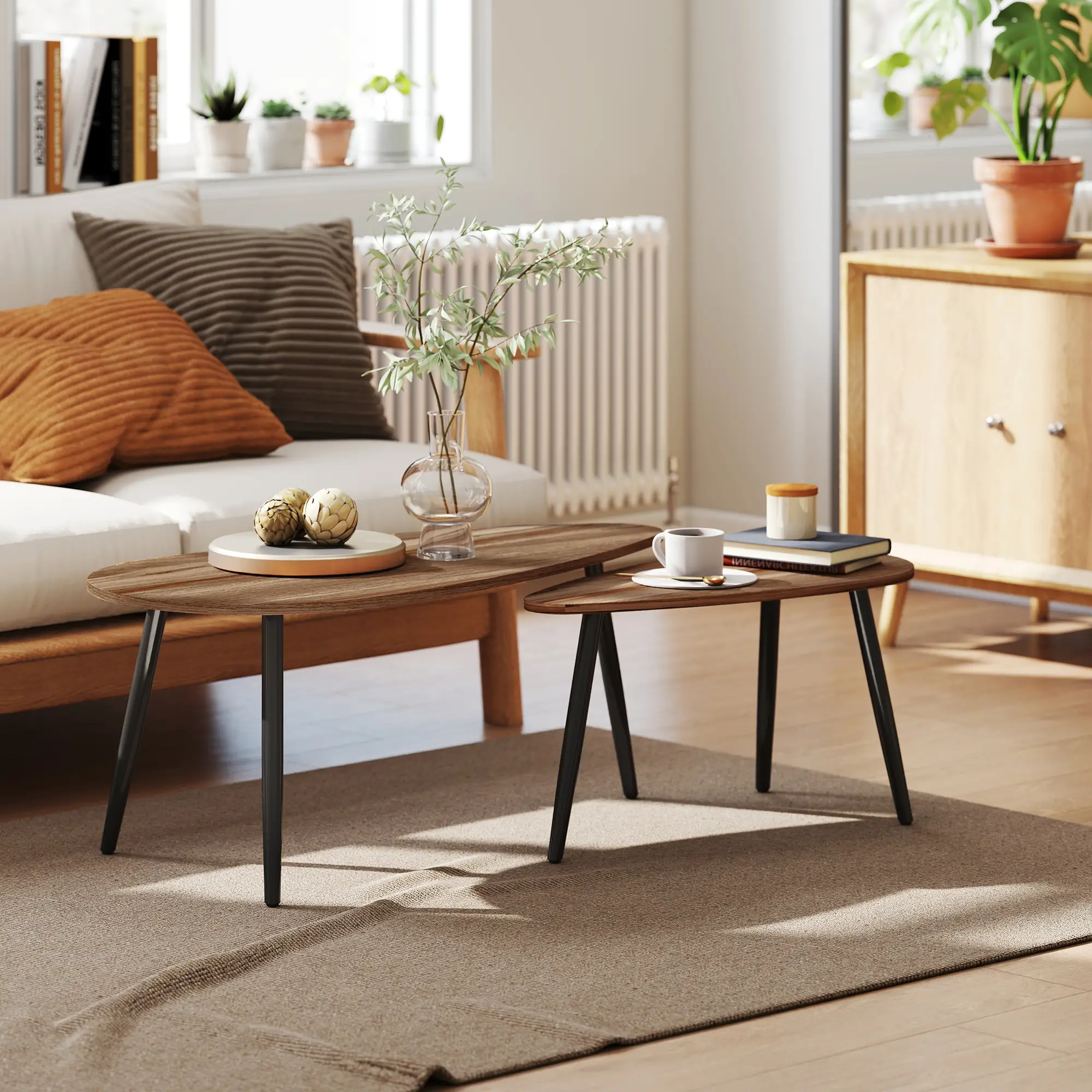 2 Pc Coffee Table Set, Industrial Nest Tables, Steel Legs, Brown - Image 8