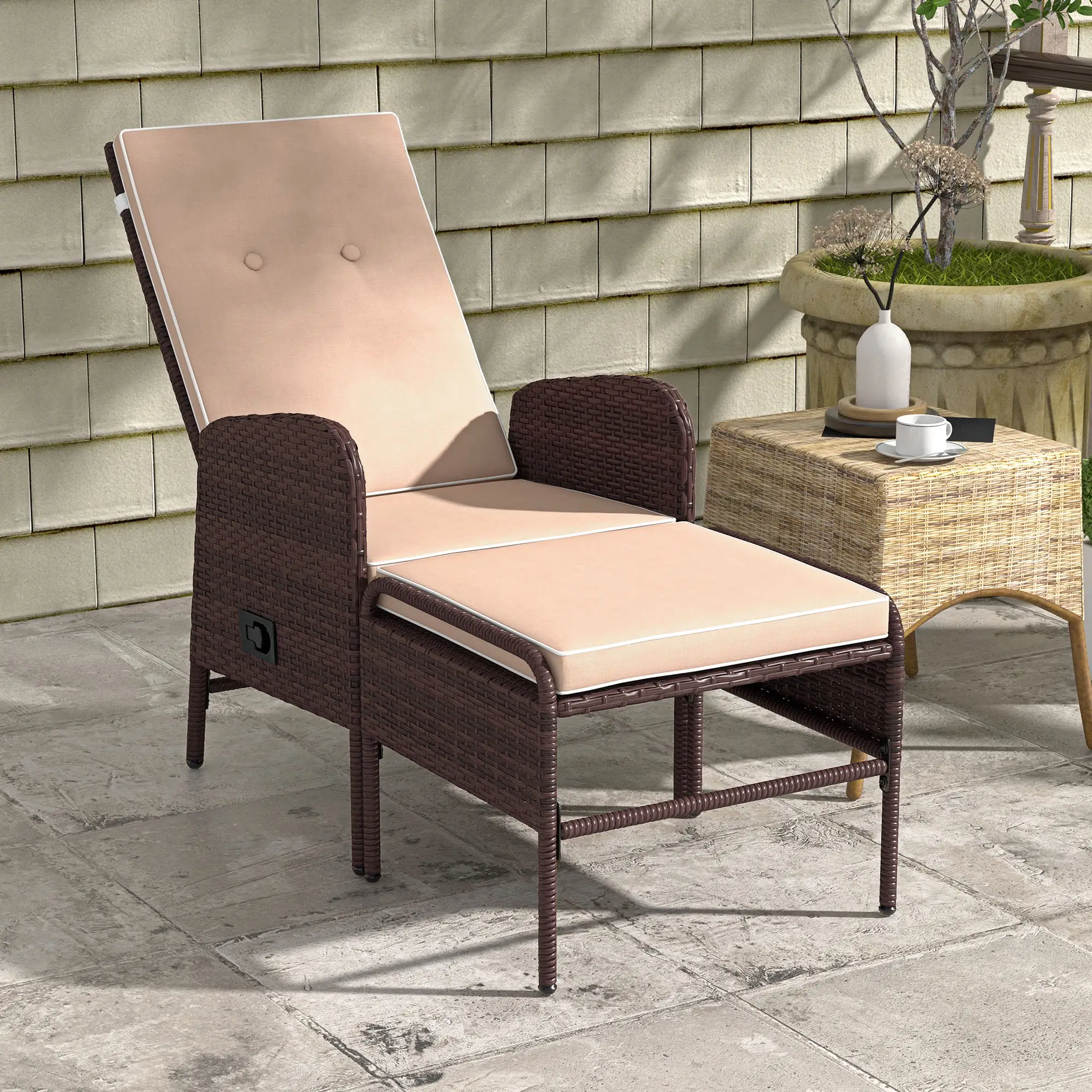 2 Pc Patio Reclining Chair Set with Stool, Cushions, Outdoor, Brown - Image 2