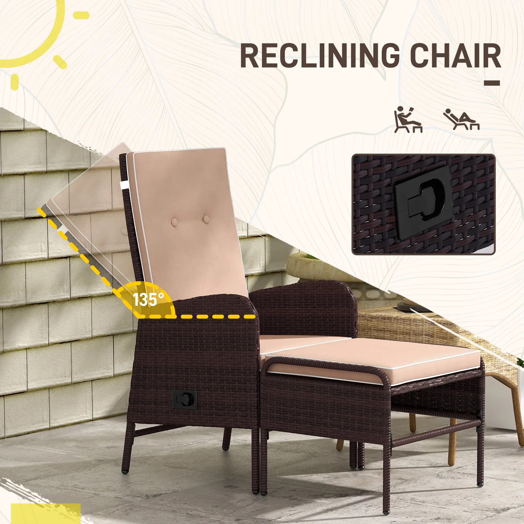 2 Pc Patio Reclining Chair Set with Stool, Cushions, Outdoor, Brown - Image 4