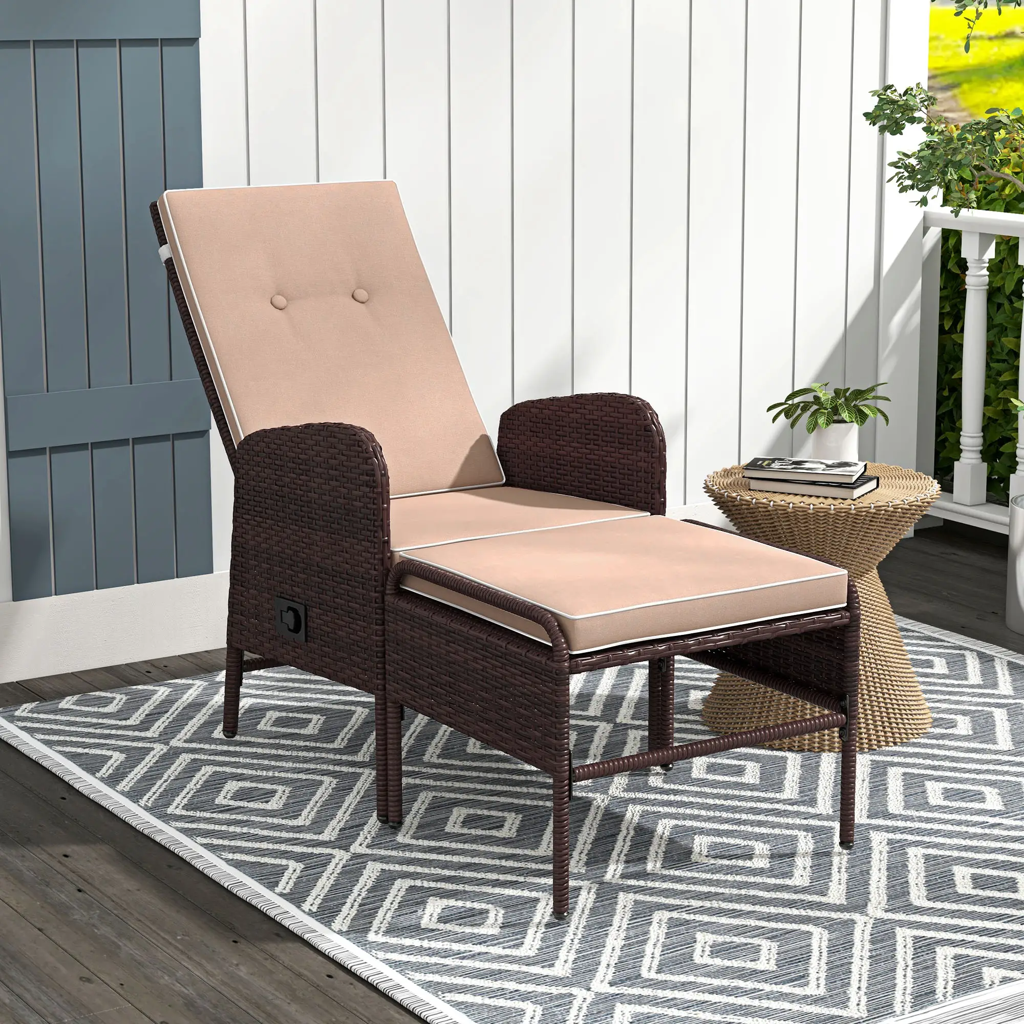 2 Pc Patio Reclining Chair Set with Stool, Cushions, Outdoor, Brown - Image 8