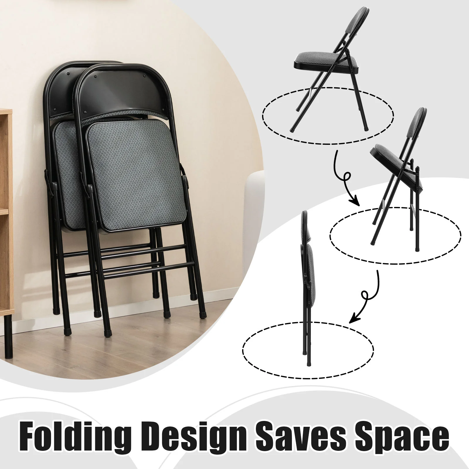 2 PCS Folding Chair Set, Upholstered Seat, Fabric Backrest, Black - Image 10