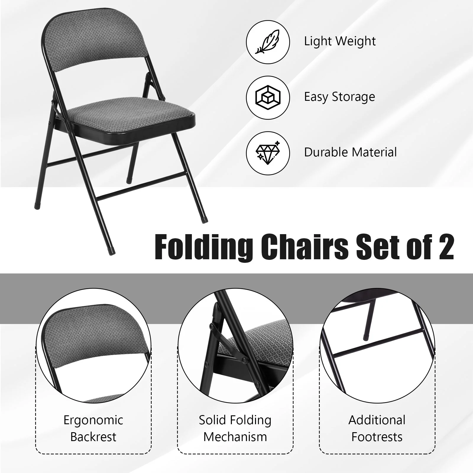 2 PCS Folding Chair Set, Upholstered Seat, Fabric Backrest, Black - Image 9