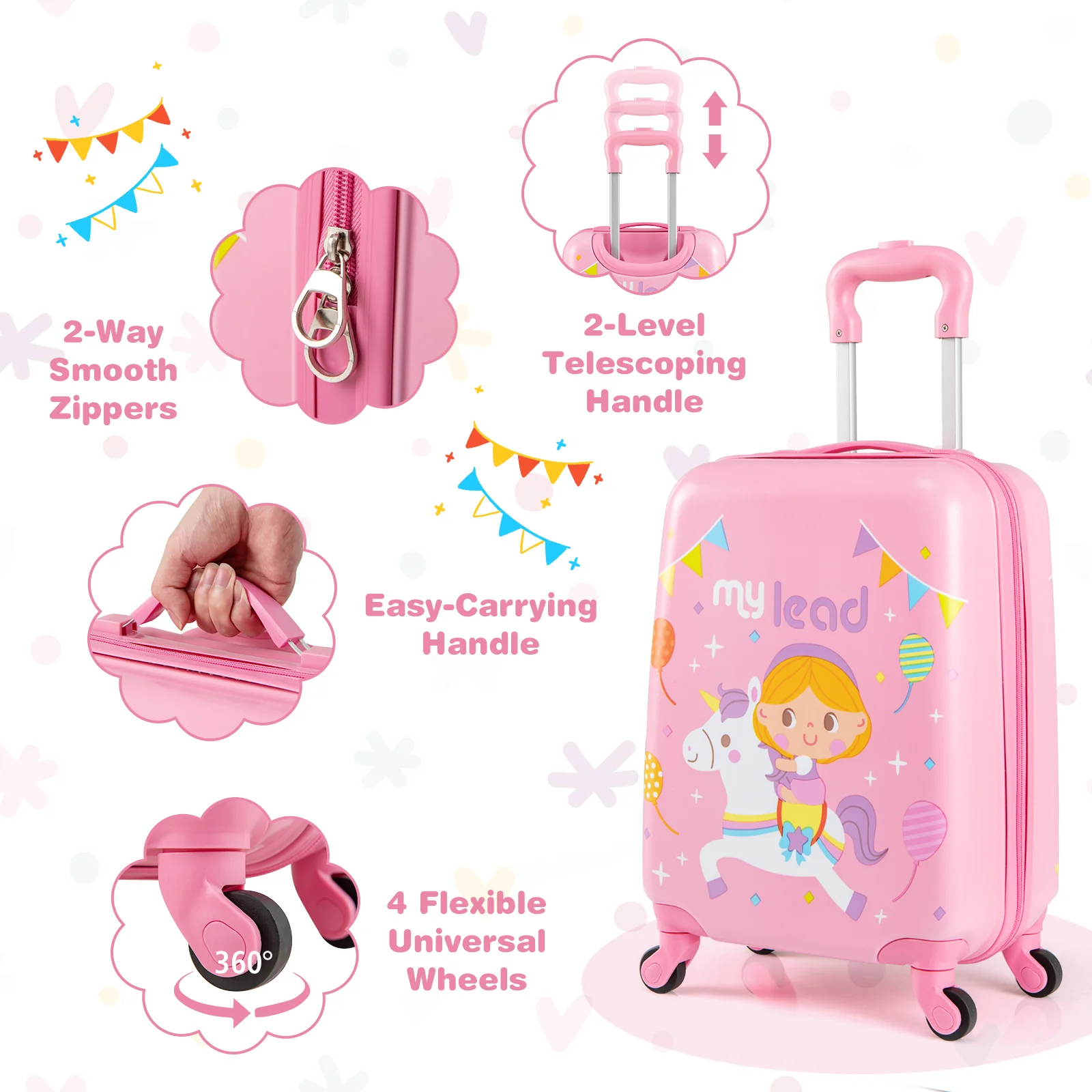 2 PCS Kid Luggage Set With Spinner Wheels, Pink - Image 8