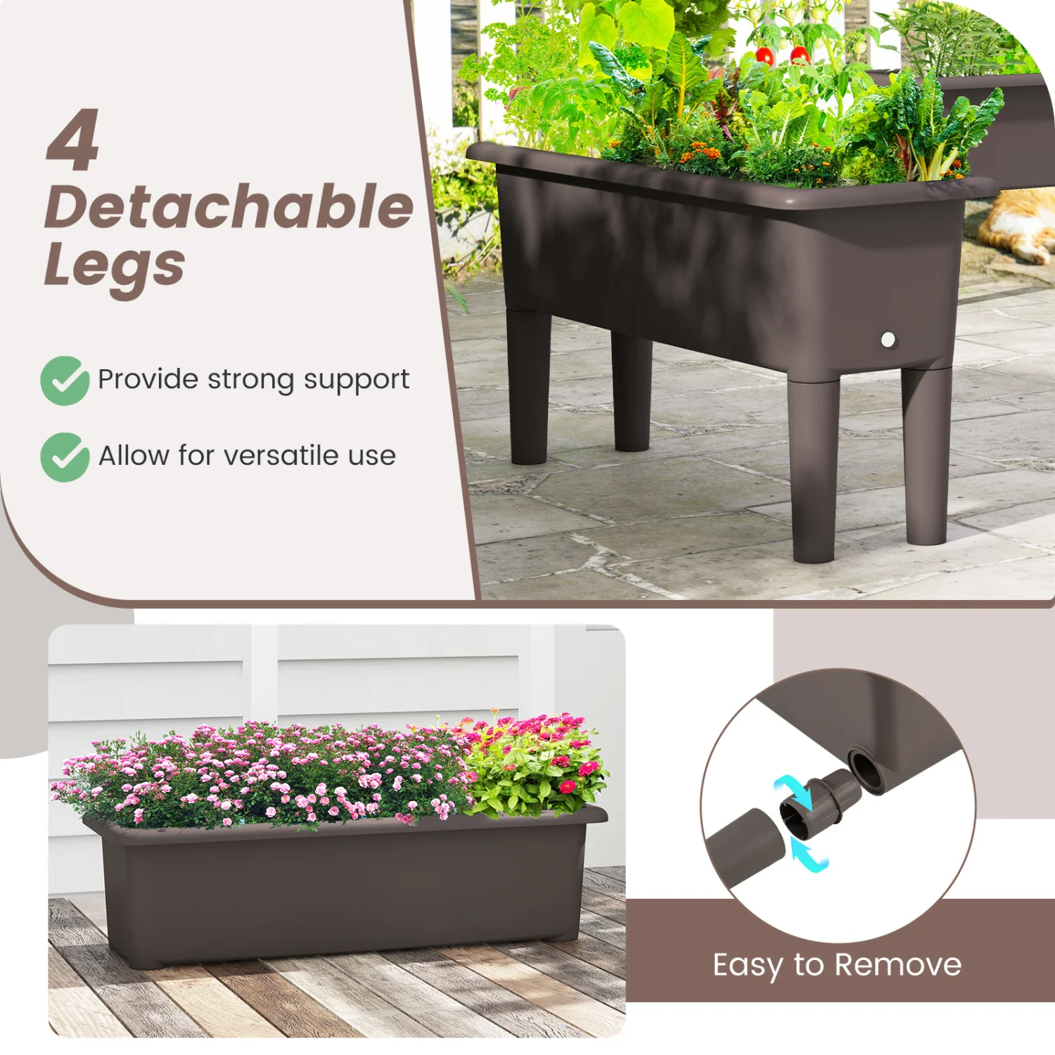 2 Pcs Raised Garden Bed, Self Watering Planter Box, Detachable Legs, Coffee - Image 10