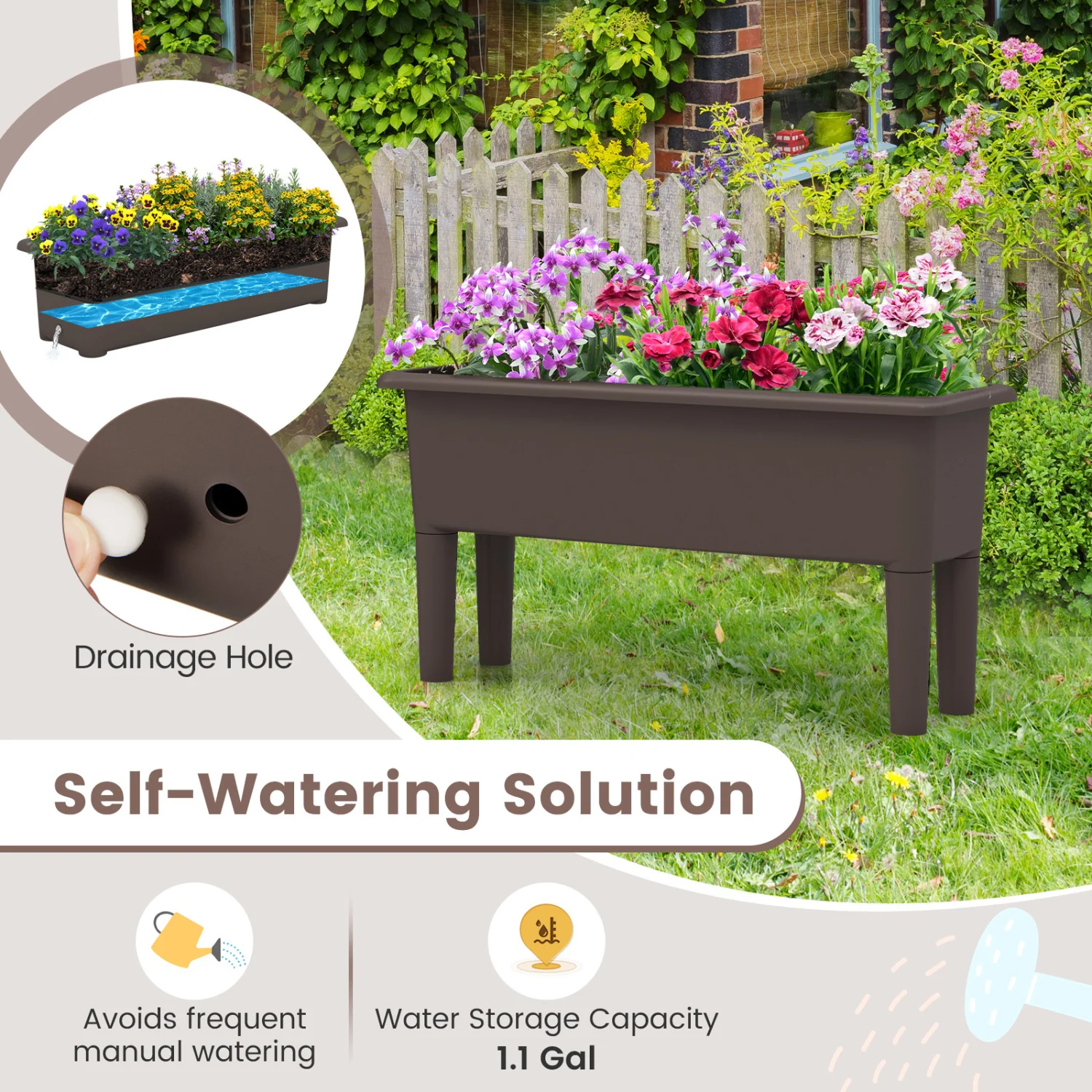 2 Pcs Raised Garden Bed, Self Watering Planter Box, Detachable Legs, Coffee - Image 9