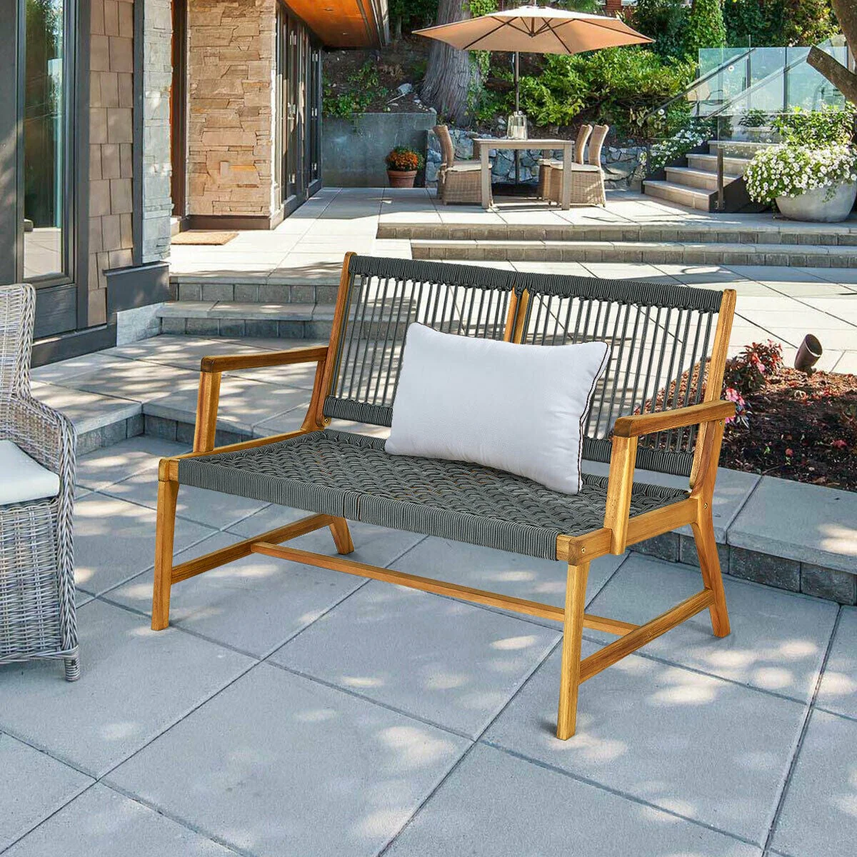 2-Person Acacia Wood Bench, Gray - Image 2