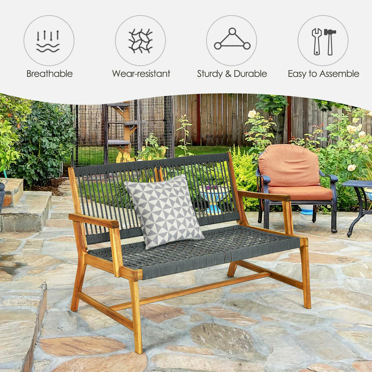 2-Person Acacia Wood Bench, Gray - Image 3