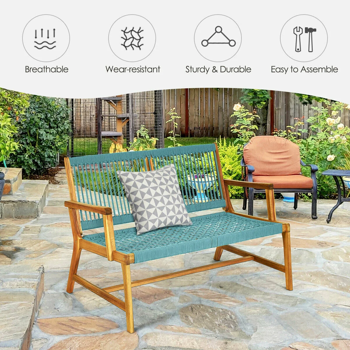 2-Person Acacia Wood Bench, Turquoise - Image 3